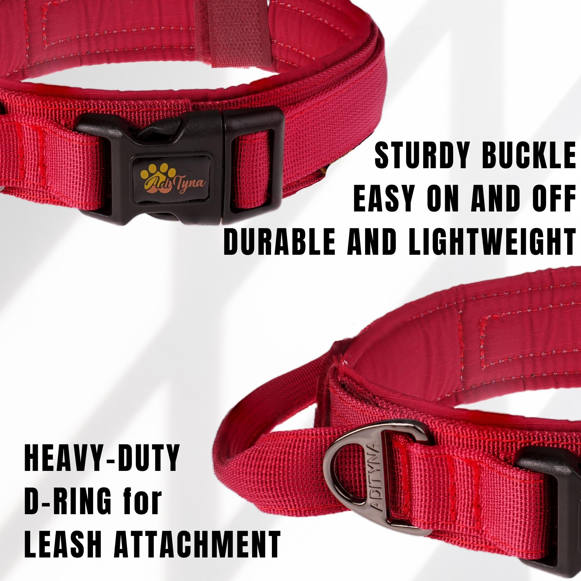 Adityna - Tactical Dog Collar For Large Dogs - Soft Padded, Heavy Duty, Adjustable Burgundy Dog Collar With Handle For Training