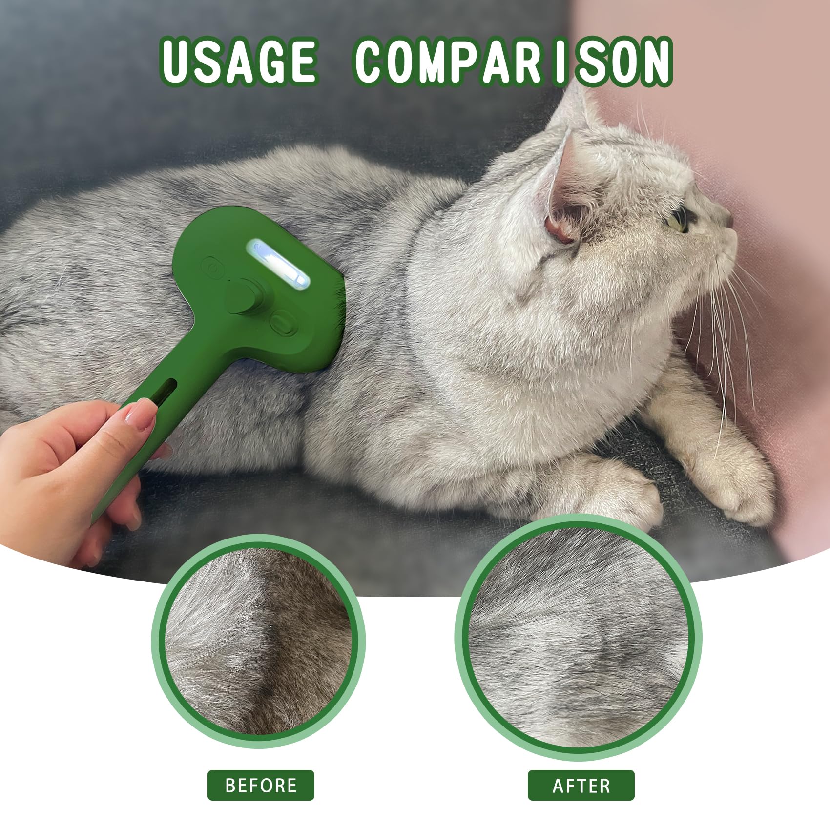 Cat/Dog Deshedding Brush With Water Spray And Steamer - Grooming Tool For Shedding Hair Removal (Christmas Green)
