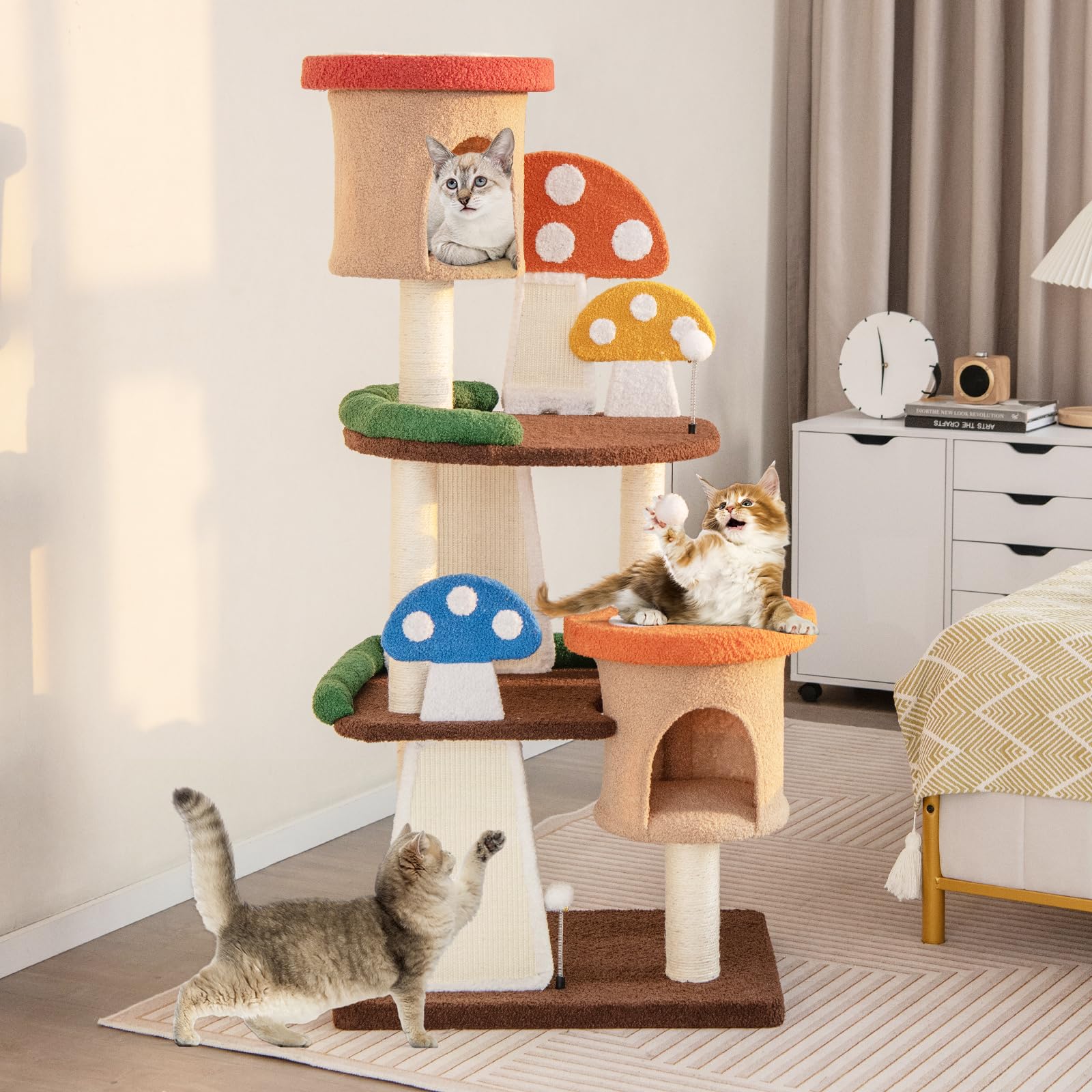 Tangkula Mushroom Cat Tree, Multi-Level Cute Cat Tower With Full-Wrapped Sisal Posts, Scratching Boards & Interactive Balls, 2 C