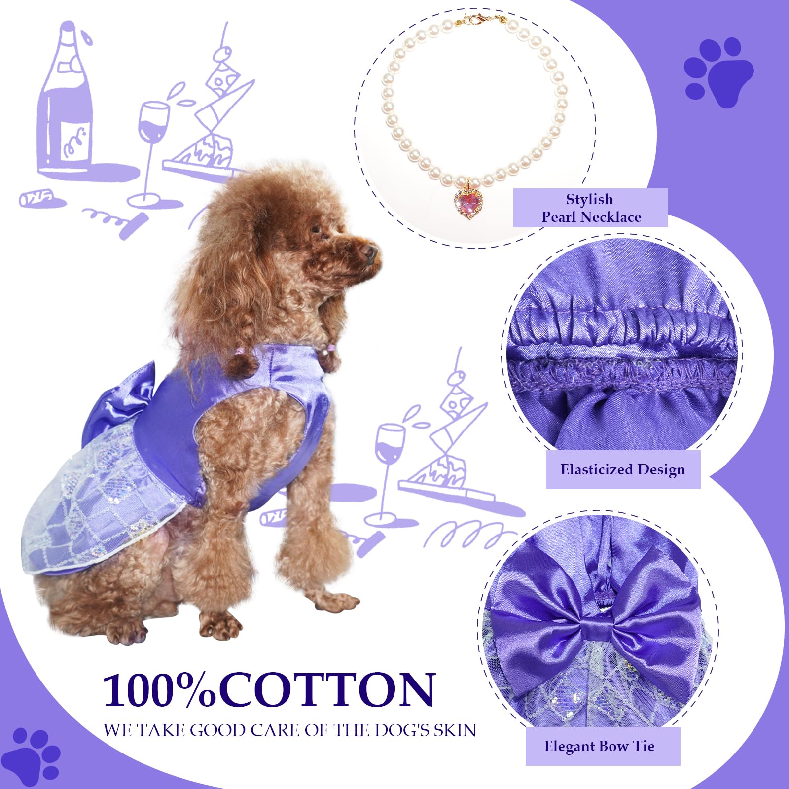 Topkins Cute Dog Outfit With Bow Tie - Summer Dress & Holiday Skirt With Purple Heart Pearl Necklace For Medium Small Dogs