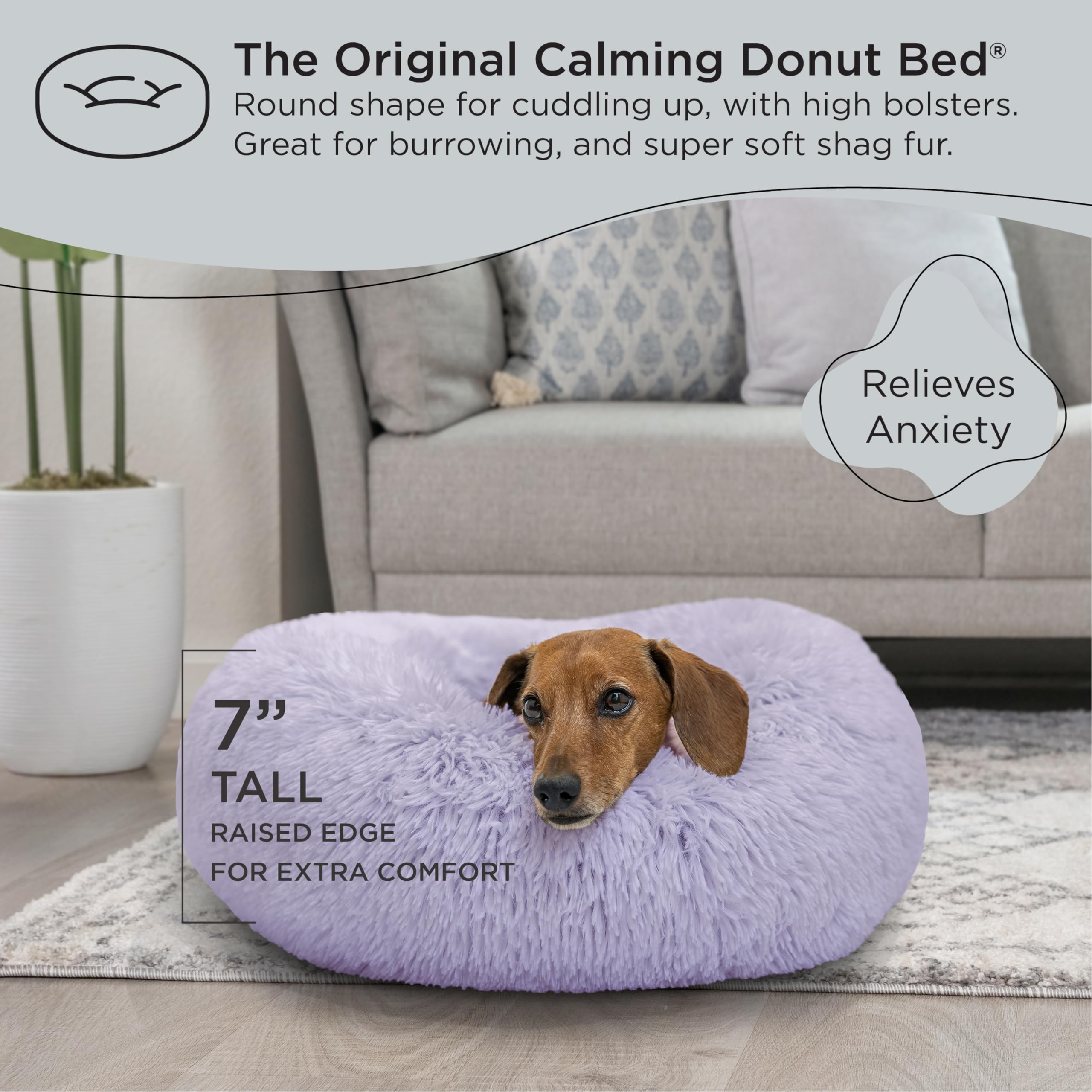 Best Friends By Sheri The Original Calming Donut Cat And Dog Bed In Shag Fur Lavender, Small 23''