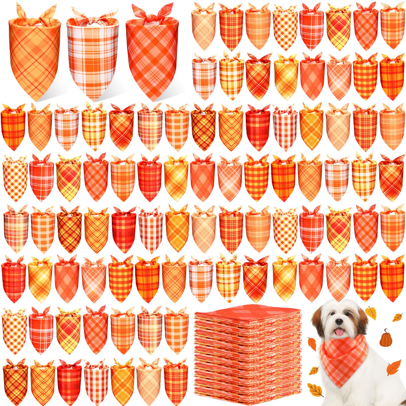Abbylike 200 Pcs Fall Plaid Dog Bandanas Bulk Autumn Bandanas for Dogs Pets Triangle Kerchief Bibs Scarf for Fall Thanksgiving C