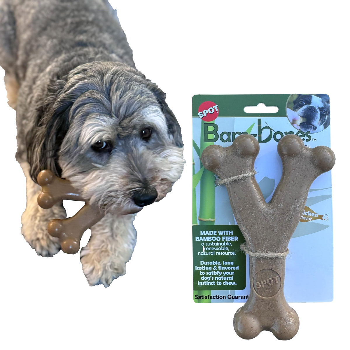 Spot Bam-Bones Wishbone - Made With Strong Bamboo Fiber, Durable Long Lasting Dog Chew For Light To Moderate Chewers, Great Toy For Adult Dogs & Teething Puppies Under 50Lbs, 7In, Chicken Flavor