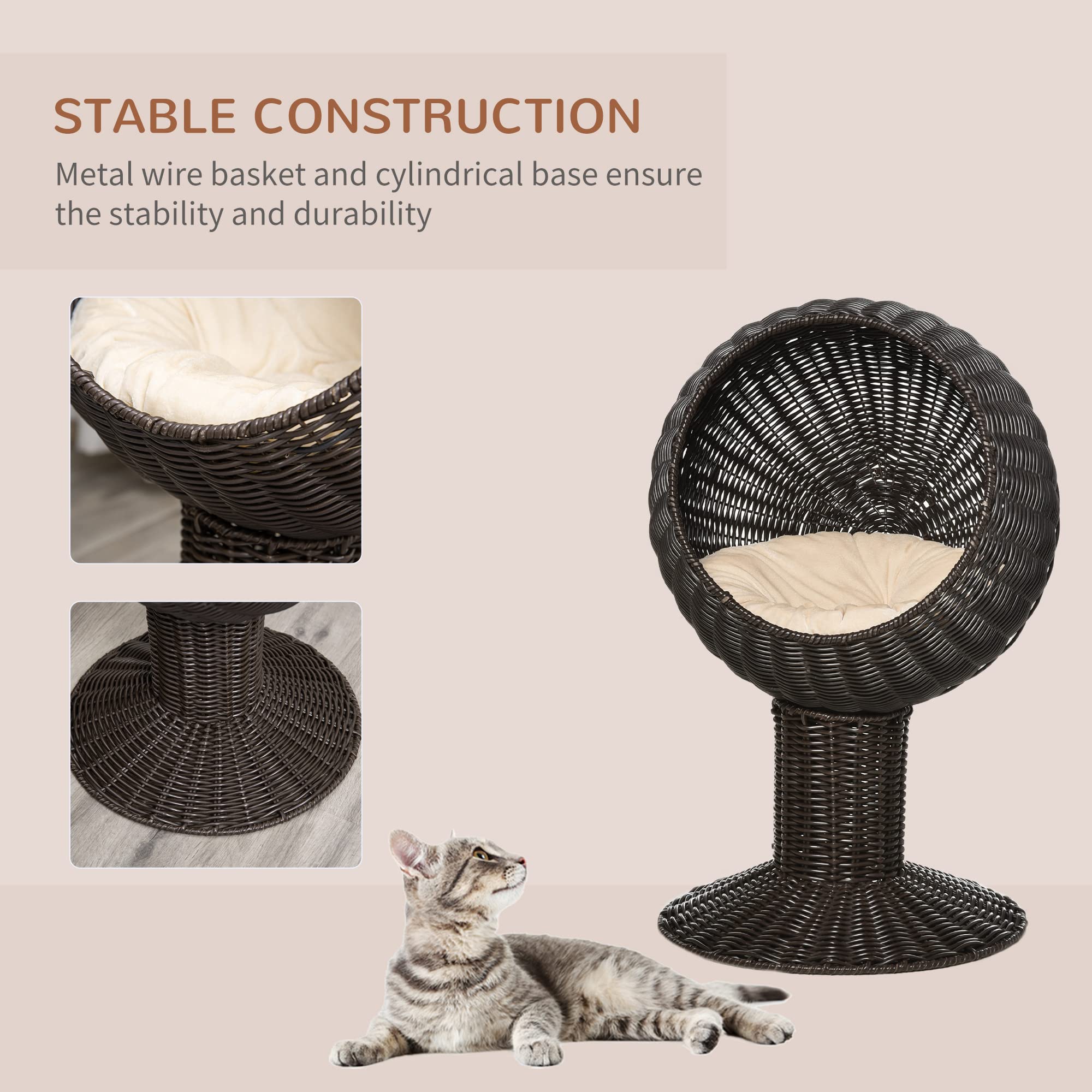 Pawhut Elevated Cat Bed With Rotatable Egg Chair Pod, Cat Basket Bed With Thick Cushion, Natural Mat Grass Woven Kitty House, Br