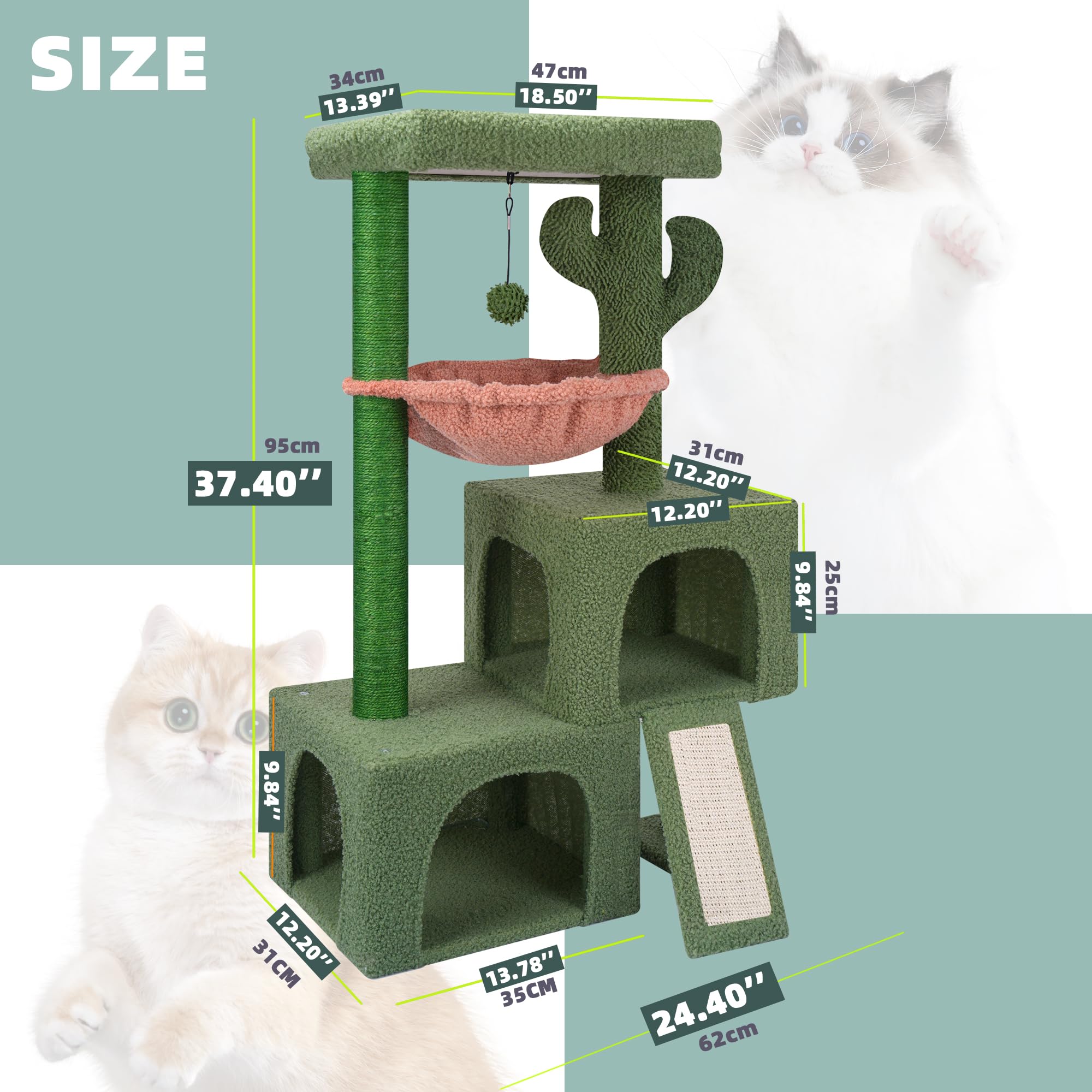 Aiwikide 37.4'' Cactus Cat Tree Tower With Twin Cat Condos For Indoor Cats, All-In-One Activity Center With Cat Scratching Post