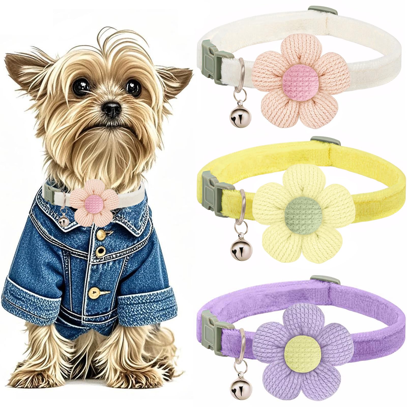 Puppy Collars, Small Dog Collars For Small Dogs With Bellxs Dog Collars For Girl Boy With Flower (White + Purple + Yellow)