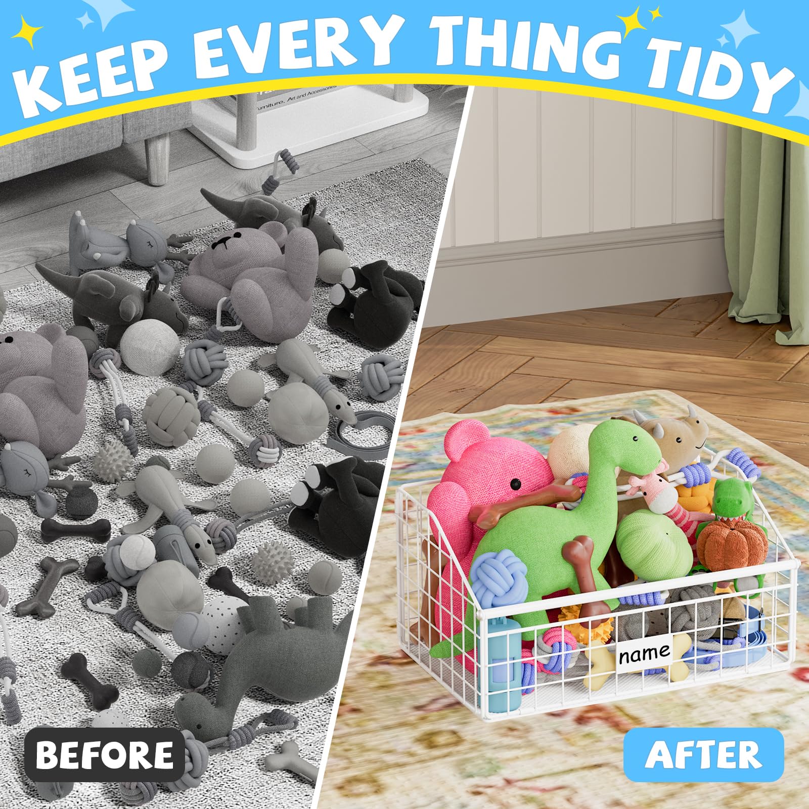 Kaiferty Indestructible Dog Toy Basket, Small Metal Toy Bin, White, S: 13.8"L x 9.0"W x 7.1"H, Pet Storage Organizer for