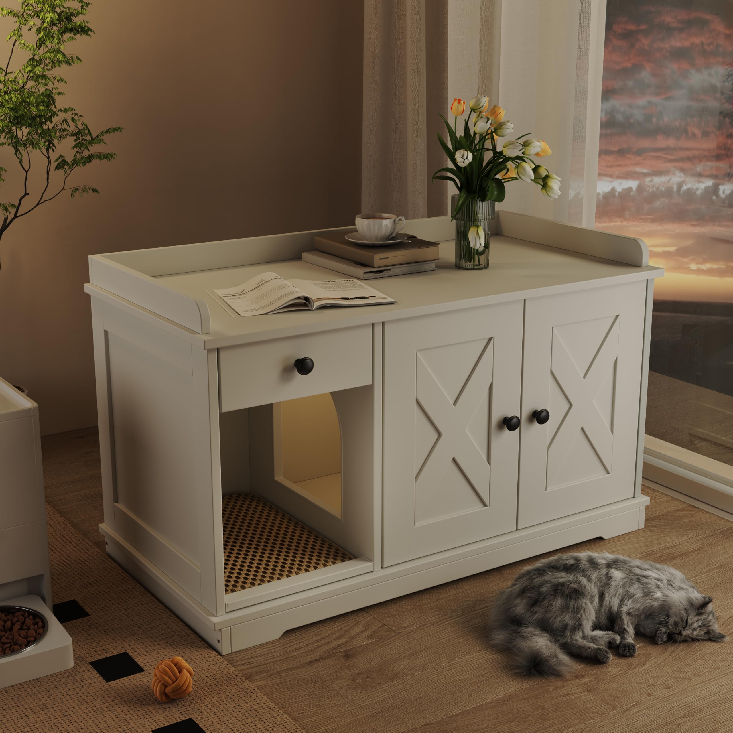 Merax Farmhouse Hidden Cat Litter Box Enclosure with Barn Door & Mat, Wooden Cat Washroom Furniture with Litter Box,Cat House wi