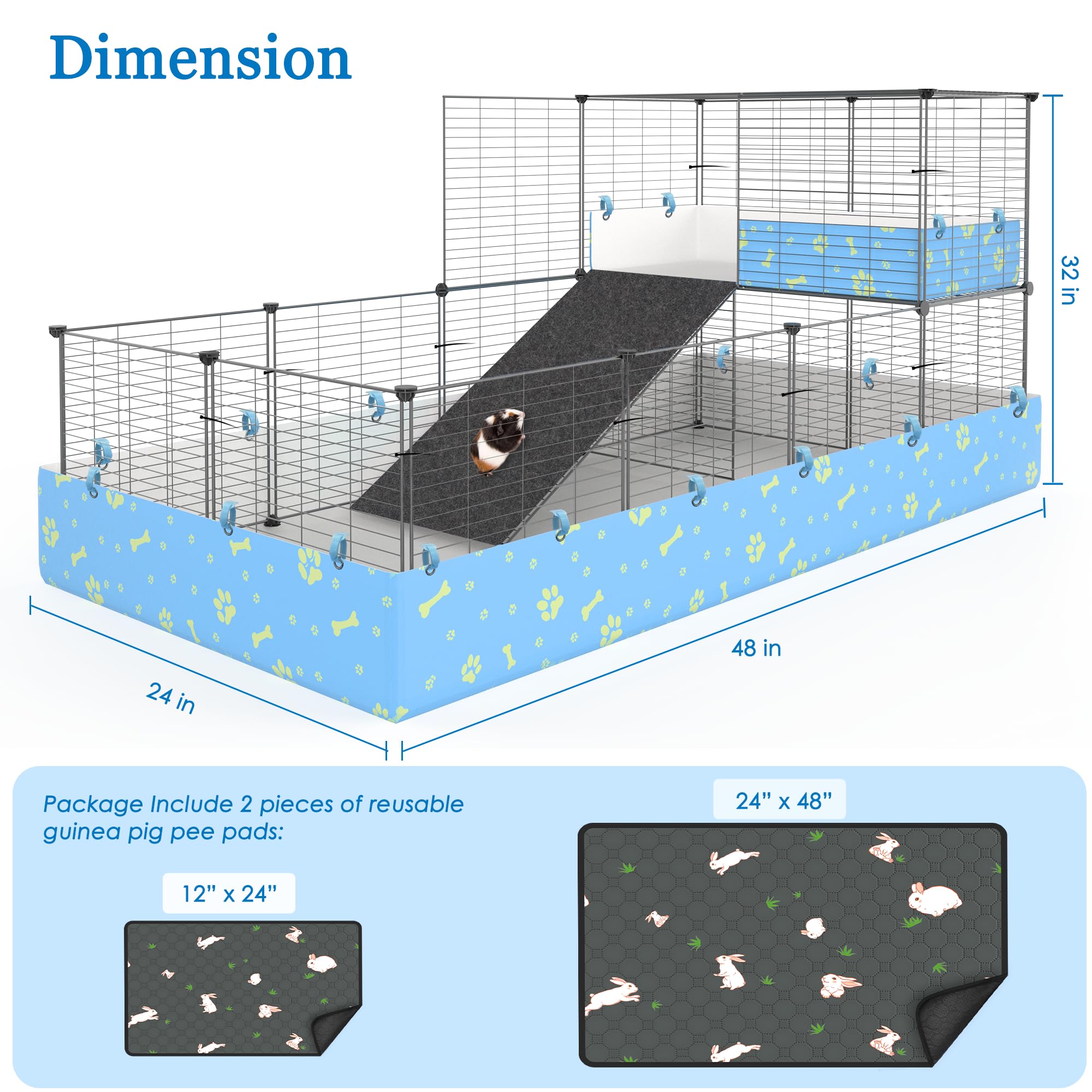 Modeslab Guinea Pig Cages With Tarp And Bedding Pee Pad Liner, 2-Story Large Guinea Pig Playpen C&C Loft Cage For 2 Rabbit Bunny