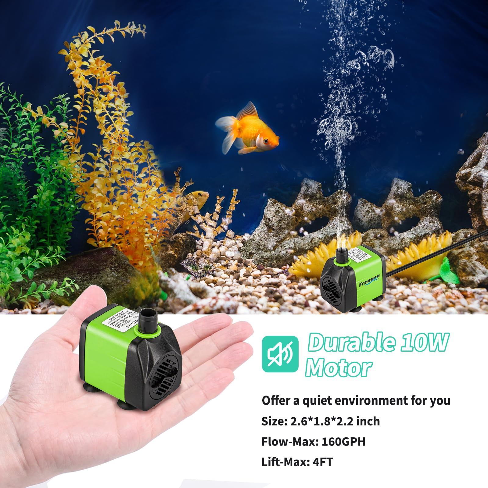 FREESEA Aquarium Submersible Fountain Pump: 160GPH 10W Adjustable Quiet Water Pumps with 3.3ft Tubing Hose for Small Fish Tank |