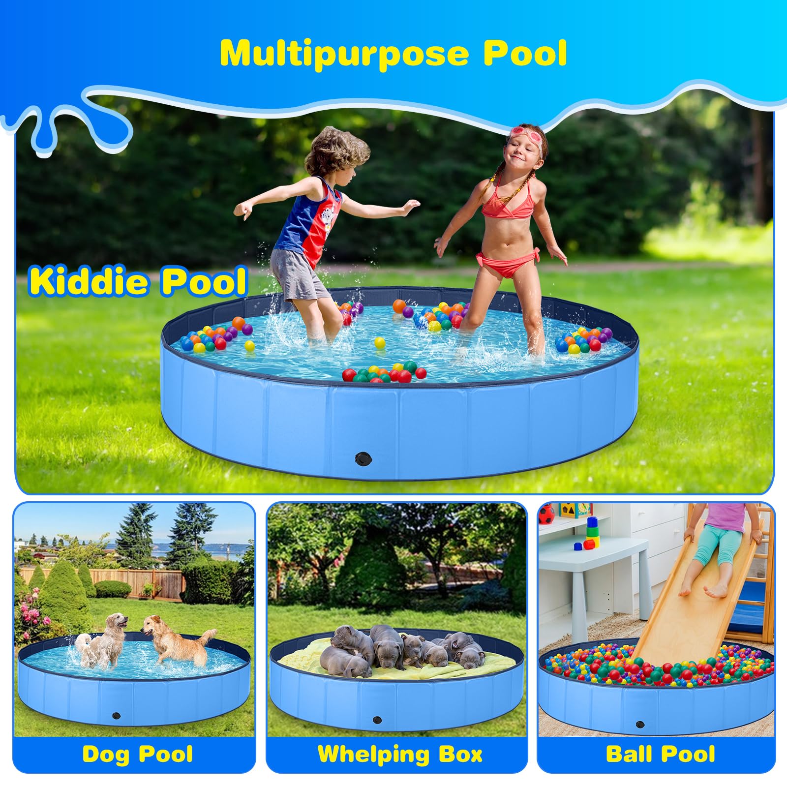Jecoo Dog Pool for Large Dogs Kiddie Pool Hard Plastic Foldable Dog Bathing Tub Portable Outside Kids Swimming for Pets and Dogs