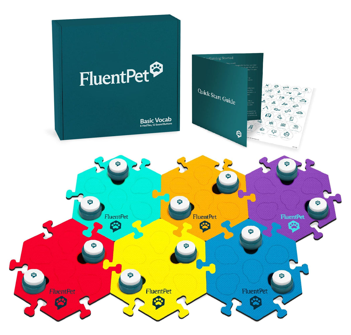 Fluentpet Basic Vocab Kit - Set Of 12 Recordable Buttons For Dogs & Cats And 6 Hextiles - Customizable Cat & Dog Buttons For Com