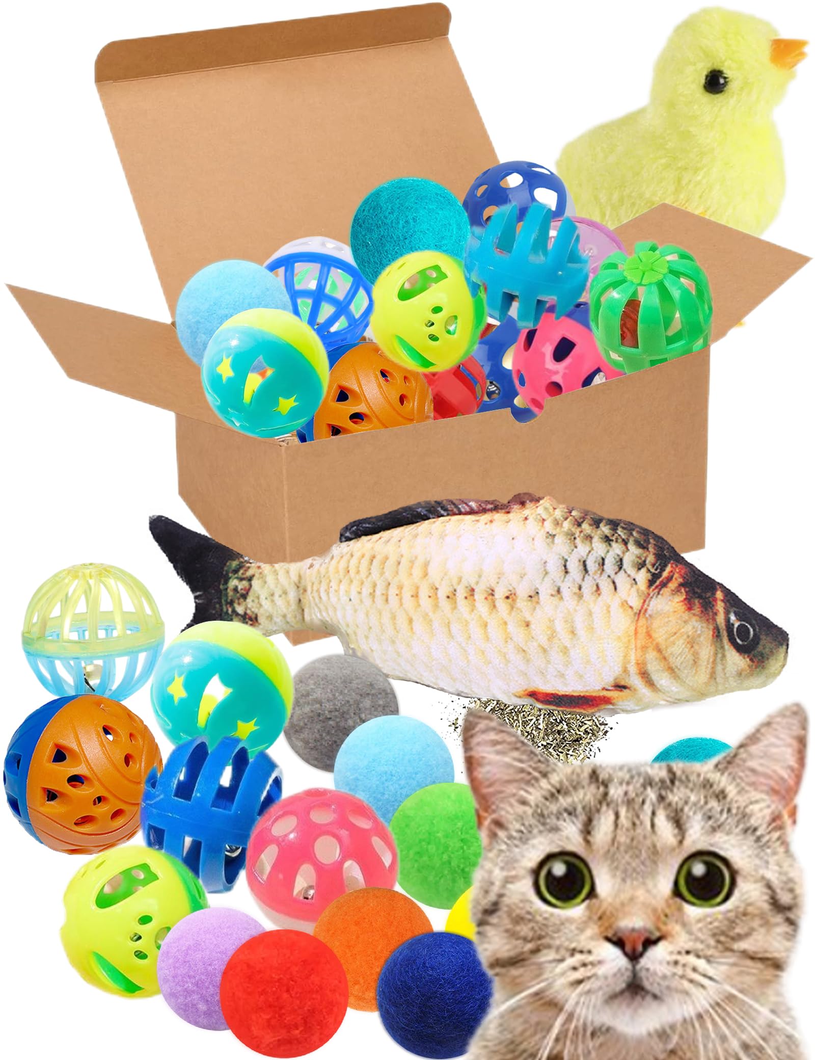 Heuhai 19 Pcs Cat Toys Variety Pack For Indoor Cats And Kittens, Fuzzy Balls, Jingle Bells, Wind-Up Chick, Catnip Fish, And More