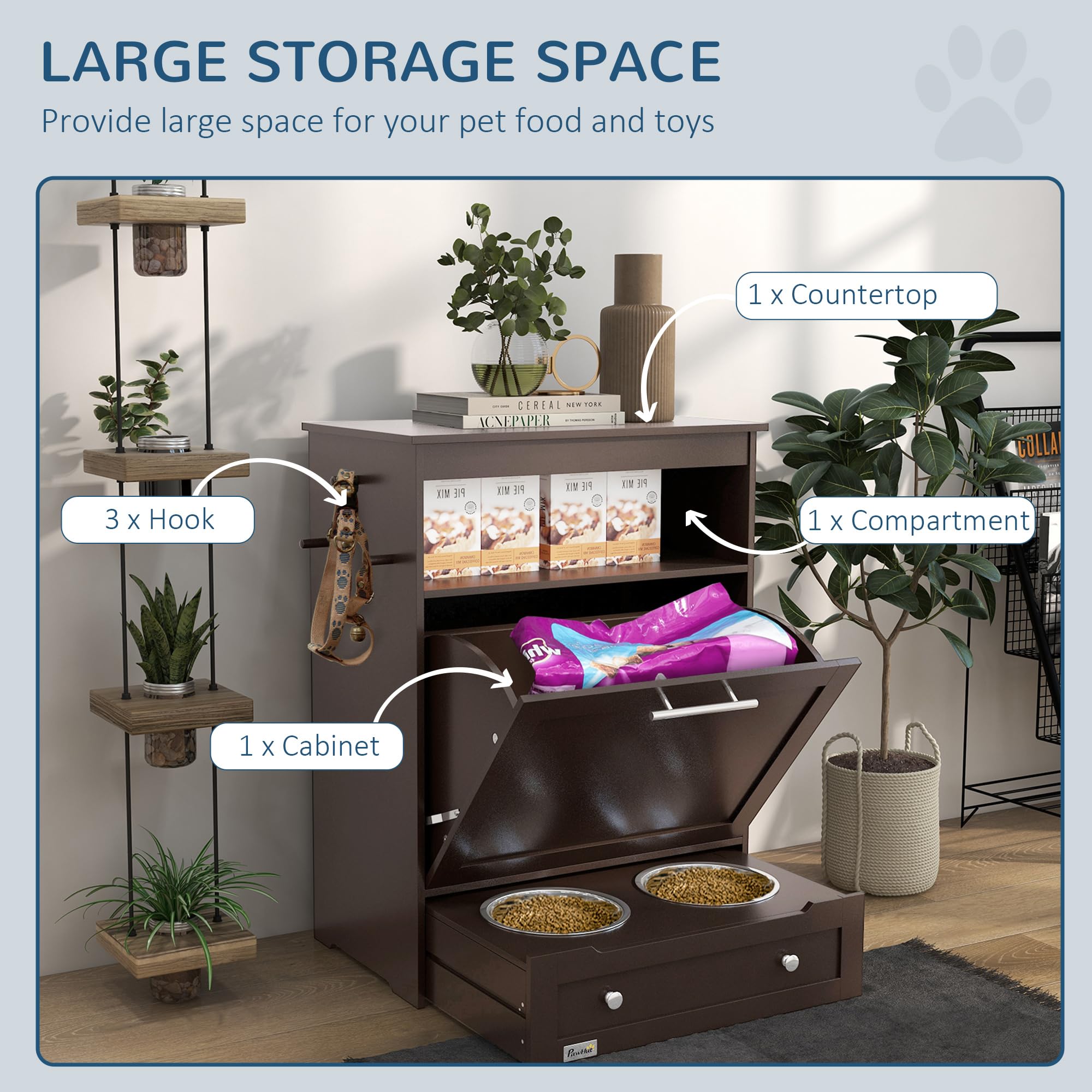 PawHut Pet Feeder Station Storage Cabinet, Dog Food Storage Container with Dog Raised Bowls and Hanger for Feeding & Watering Su