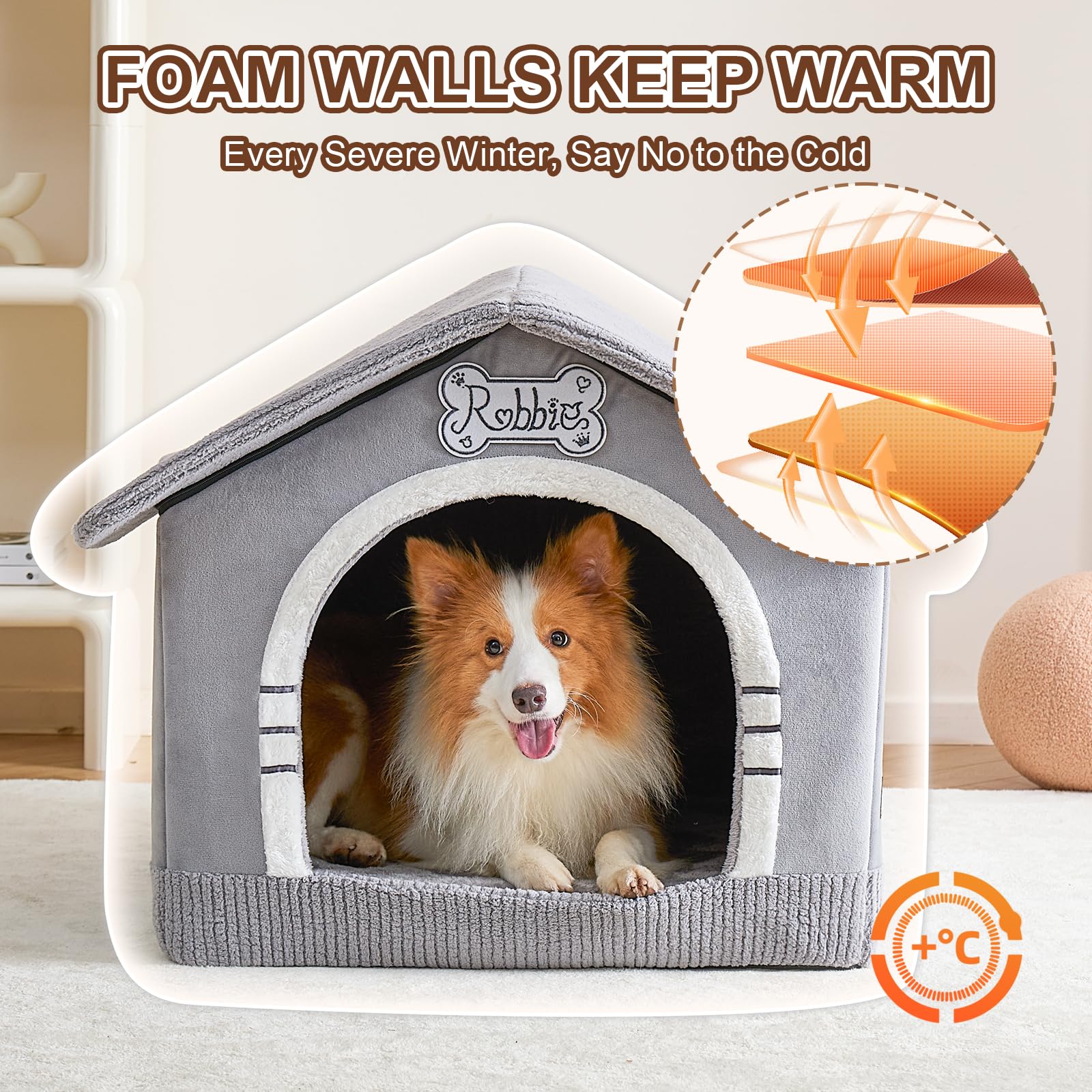 Jiupety Large Indoor Dog House, Cozy Insulated Dog Cave Bed for 25-60 lb Dogs, Grey (30"×26"×25")