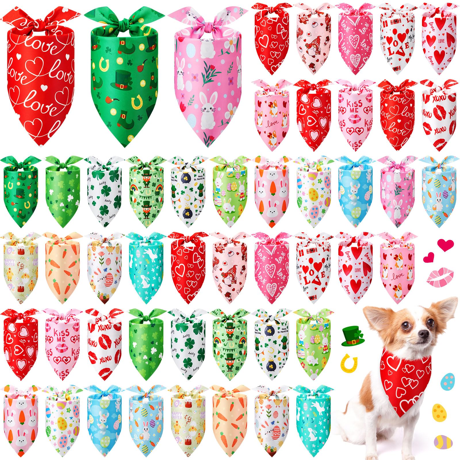 Jeere 50 Pieces Easter Dog Bandanas Bulk Bunny Bandanas for Dogs Shamrock Heart Bunny Holiday Festival Scarf Triangle Bibs for S