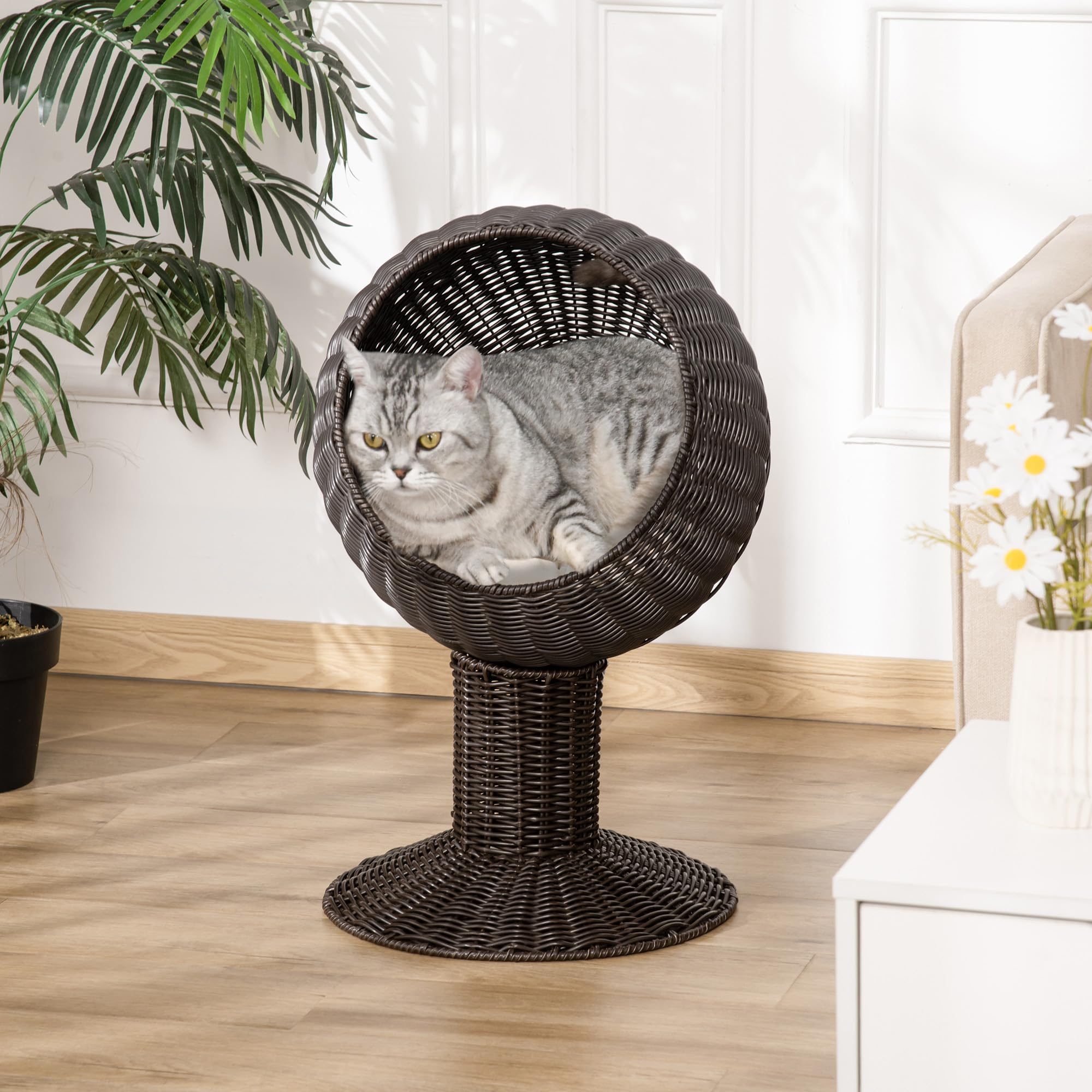 Pawhut 28' Hooded Rattan Wicker Elevated Cat Bed - Coffee/Beige