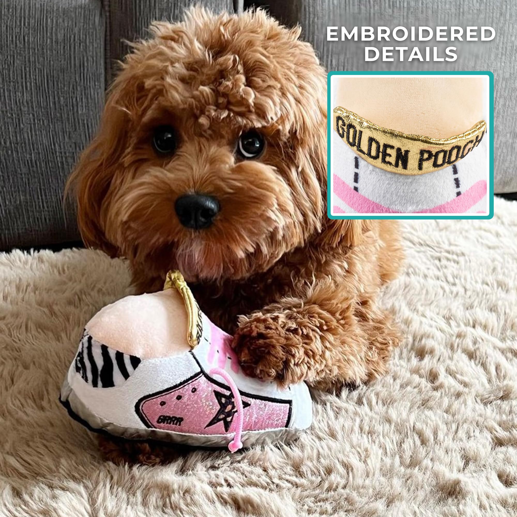Haute Diggity Dog Pink Golden Pooch Tennis Shoe, Plush Designer Dog Toys With Interactive Squeaker, Stimulating Pet Enrichment,