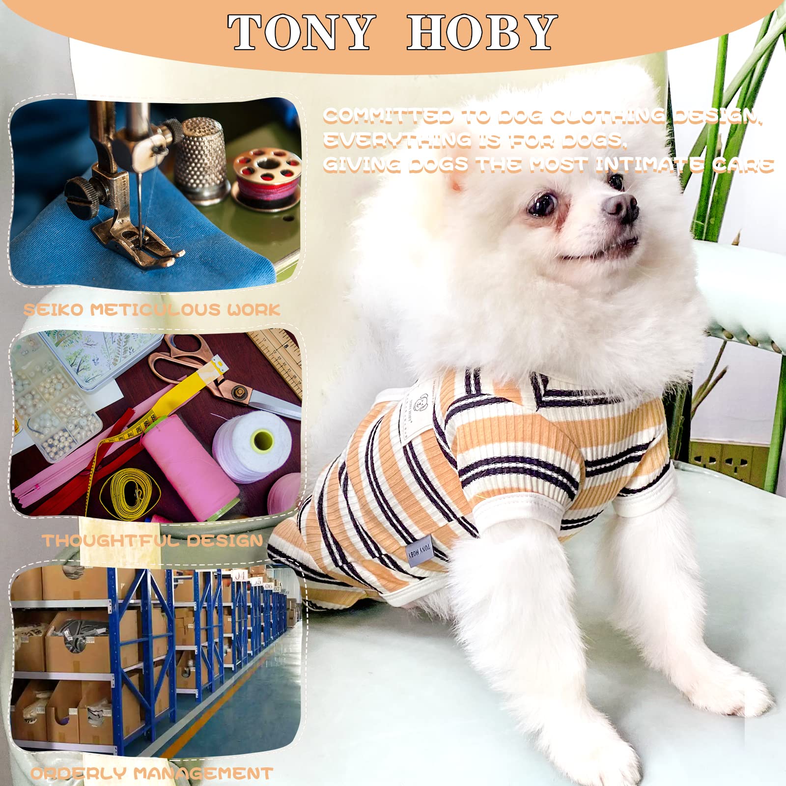 TONY HOBY Male Dog Pajamas, Cotton 4-Legged Jumpsuit, Large, Brown Stripe for Small Medium Dogs, Model DC009105
