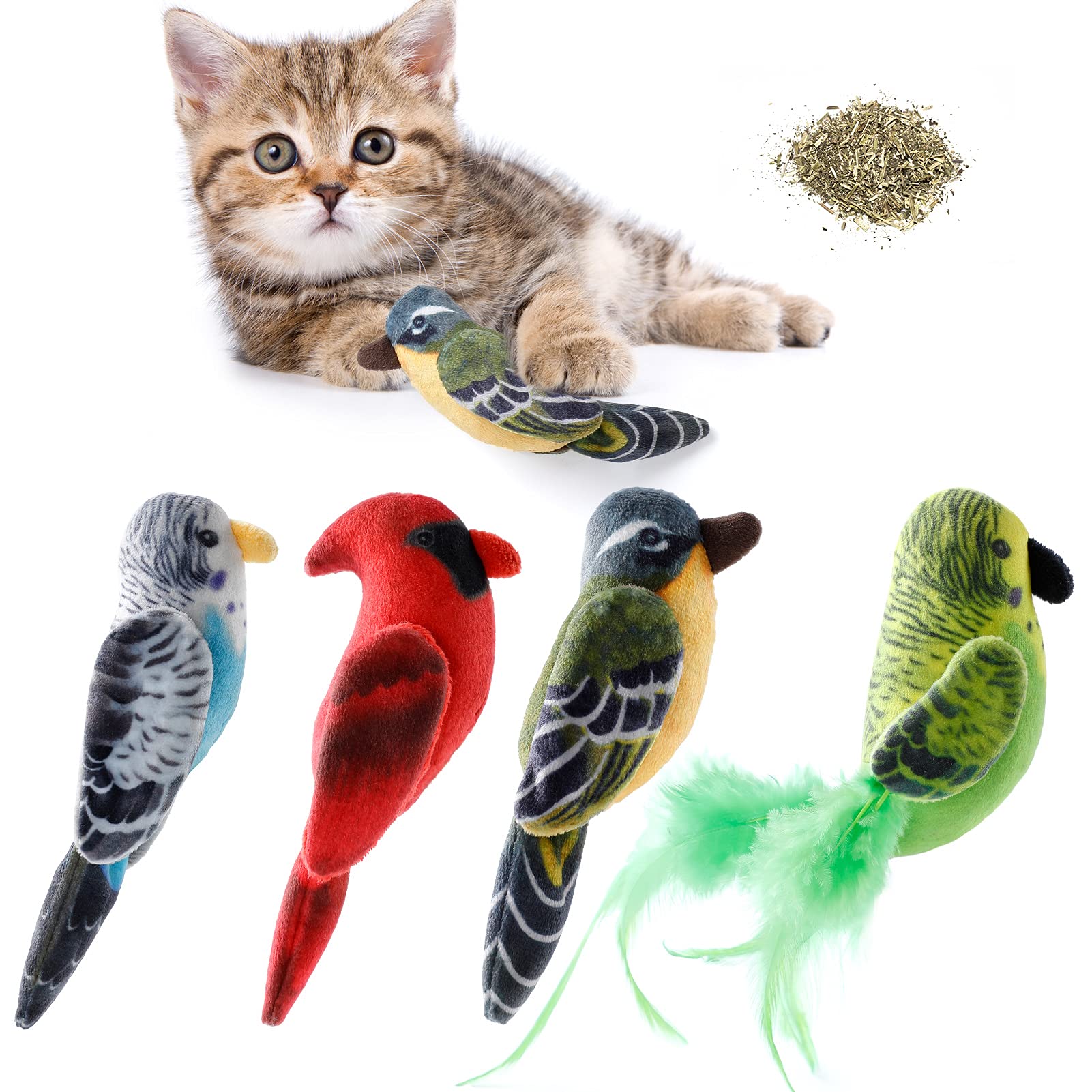 Dorakitten Cat Catnip Toys Interactive Cats 4pcs Kitten Plush Nip Chew Bird Toy with Crinkle Paper Pet Best Treats Stuffed Pillo