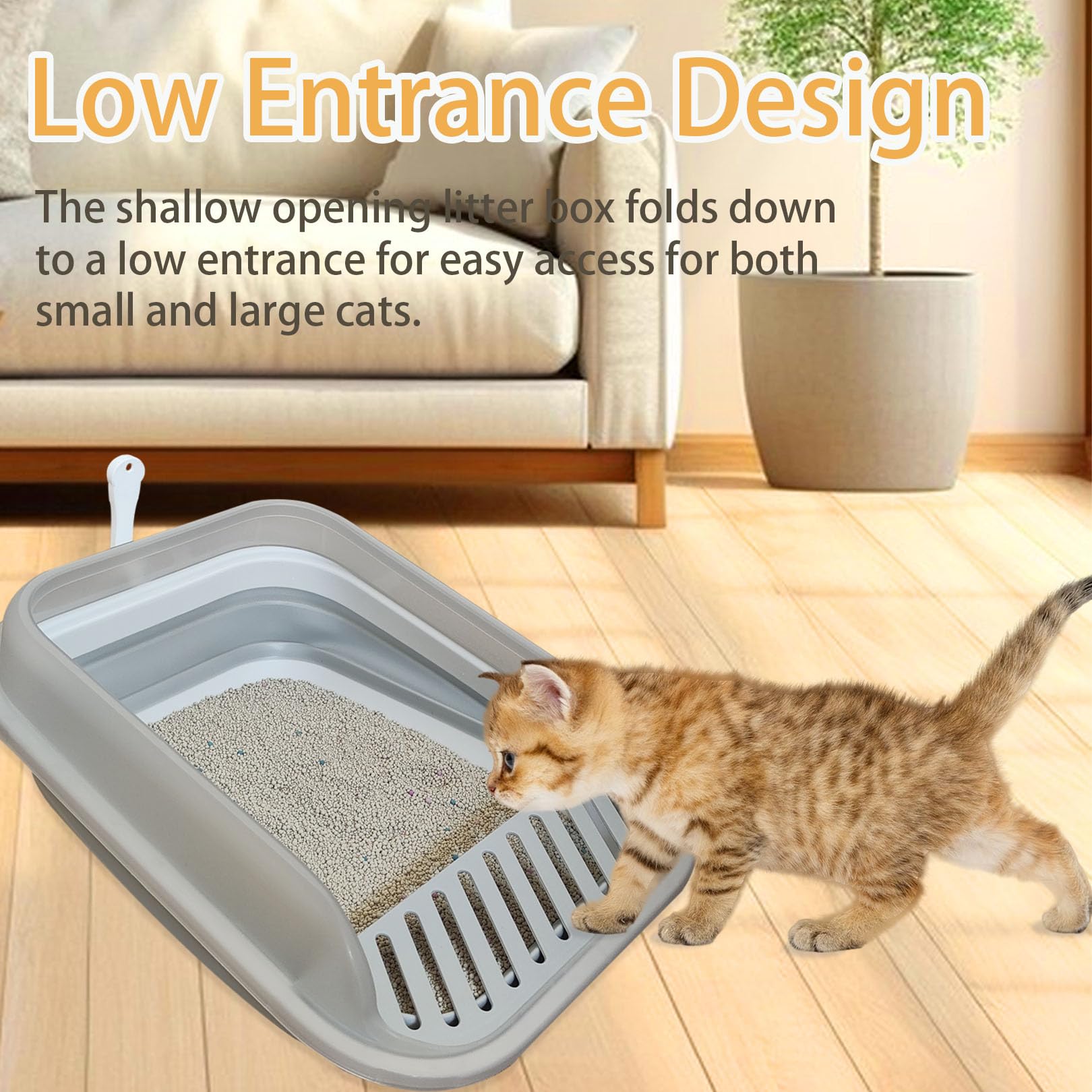 Collapsible Kitten Litter Box, Open High Sided Cat Potty Pan With Scoop Shallow Cat Toilet Anti-Splashing Low Entrance Travel Li