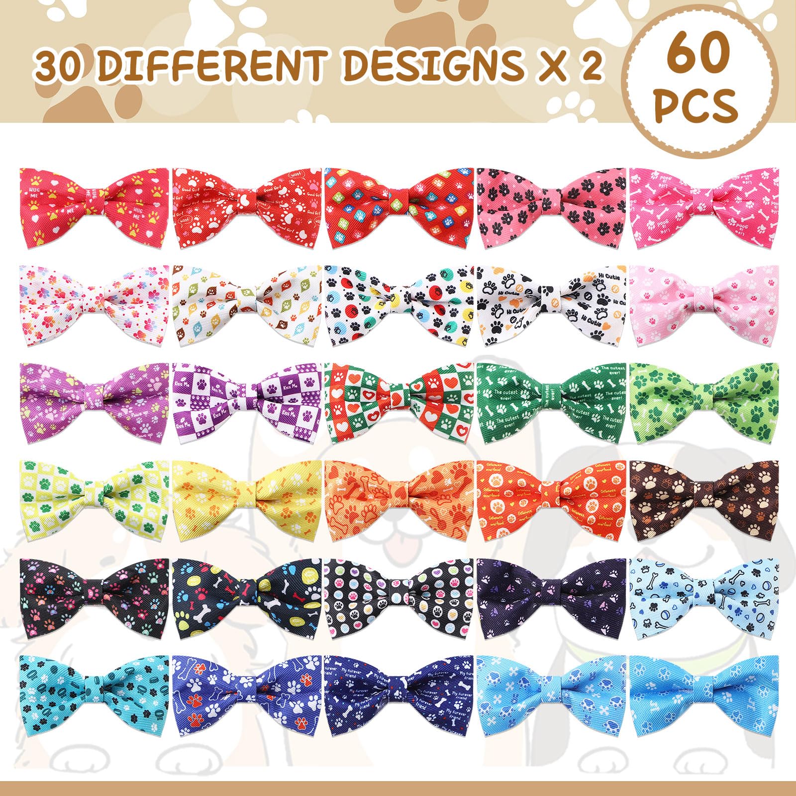 Cosblank 60 Pcs Paw Bone Print Dog Collar Bow Ties Bulk Dog Grooming Supplies Bowtie Accessories Puppy Bows Detachable Collar Ch