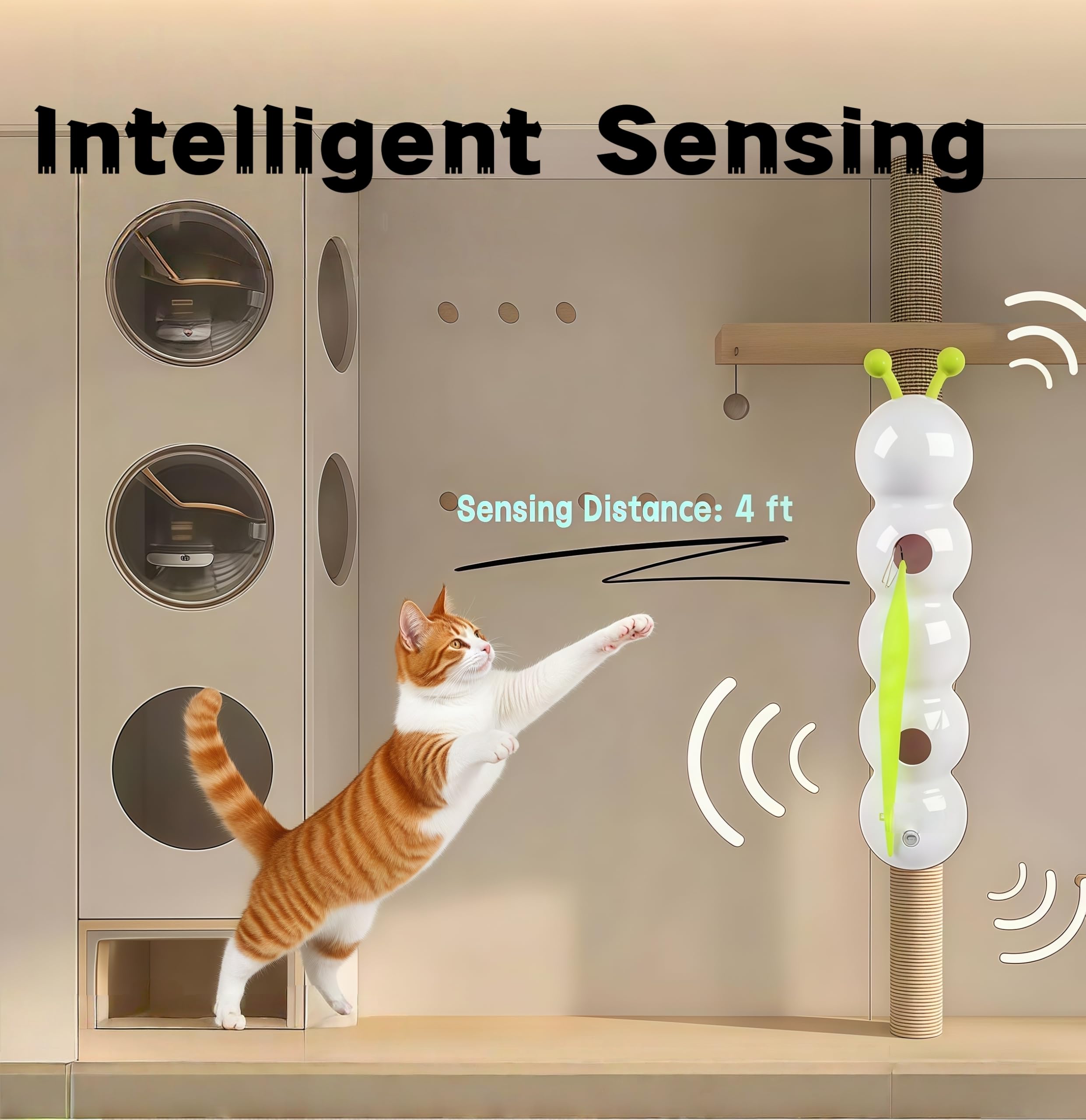 Interactive Cat Feather Toy, Automatic Fluffy Cat Teaser, Whack-a-Mole Cat Toy, USB Rechargeable, Wall-Mounted, with Suction Cup