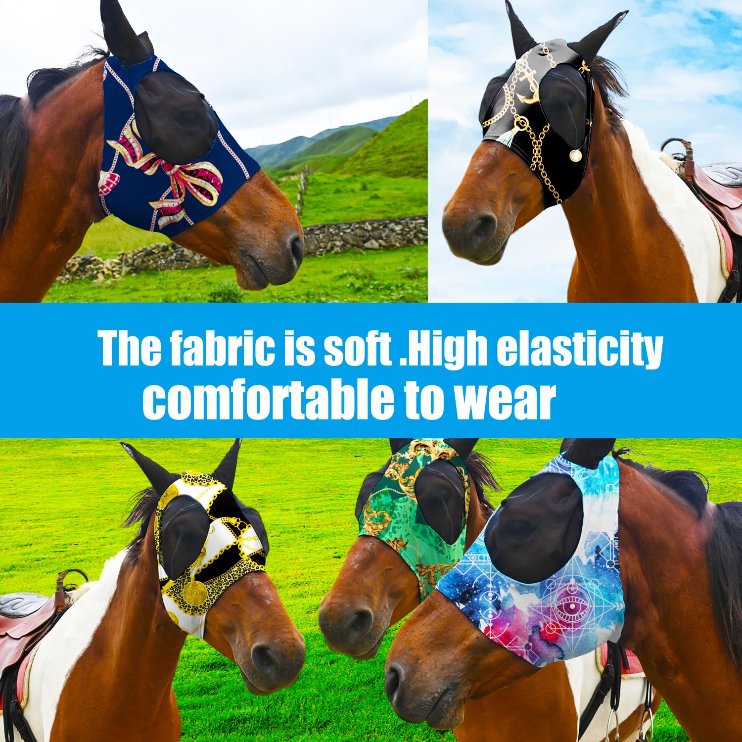 Super Comfort Fly Marsks for Horses of 5pcs Set-Horse FlyMask with Ears- Elasticity Fly Mask with UV Protection(Size:L