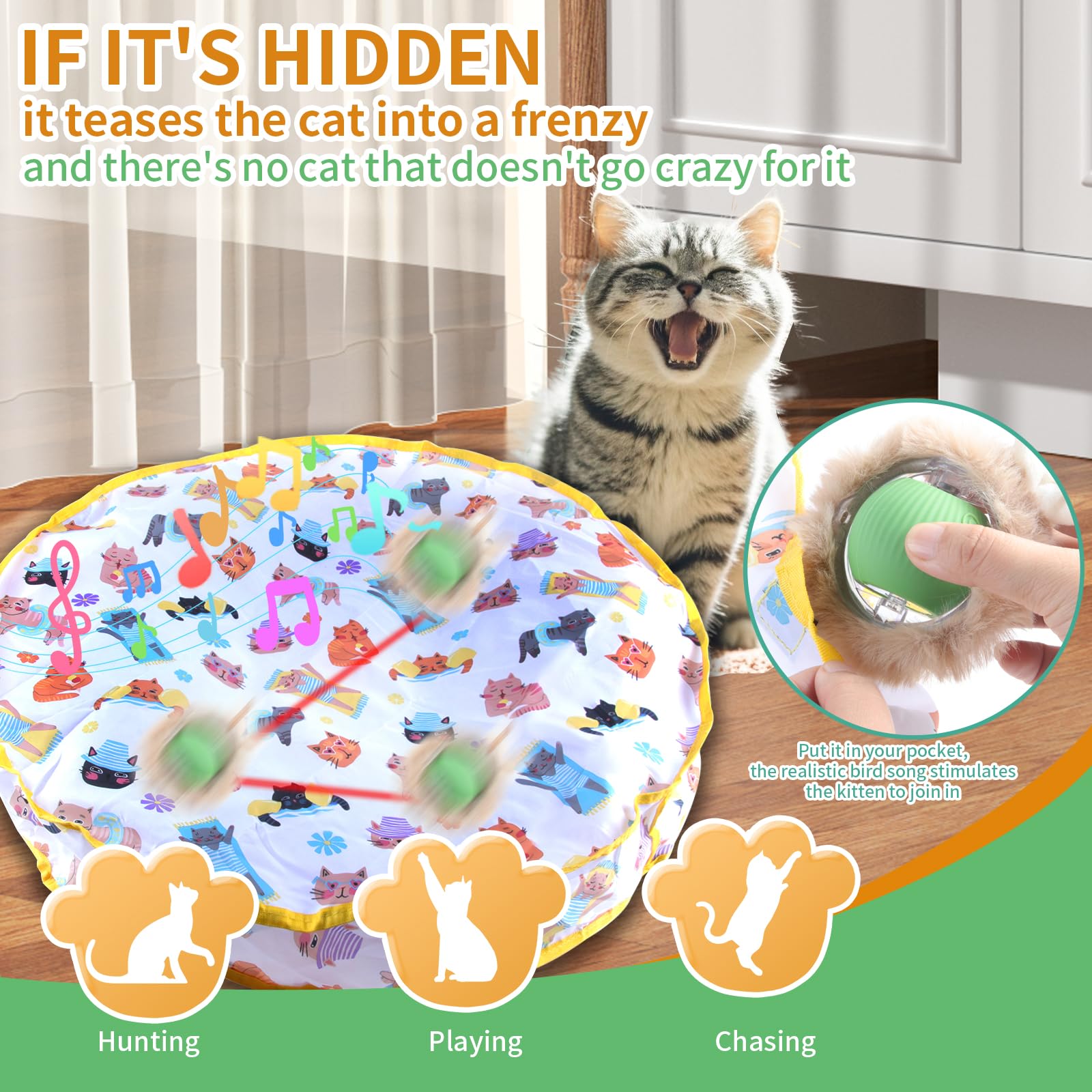 Luxsamg Interactive Cat Toys Fast Rolling Ball In Play Pouch, Motion Activate Chirping Cat Toy Hide And Seek Mouse Catching Game