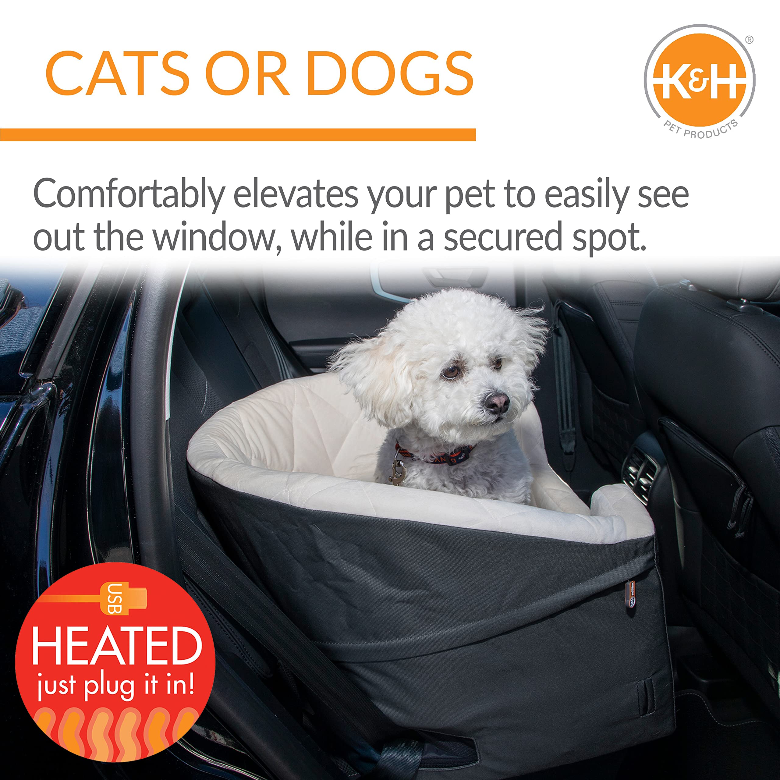 K&H Pet Products Bucket Booster Dog Seat With Safety Leashes, Washable, Sturdy For Small, Medium Dogs - Heated Charcoal/Cream