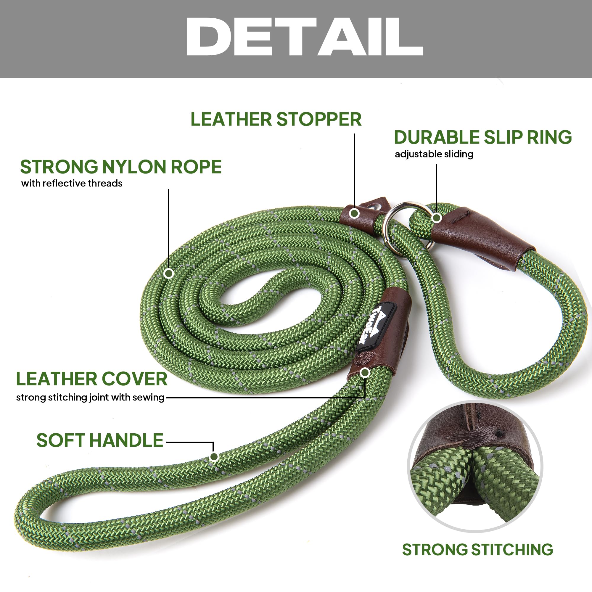 Twoear Dog Leash Dog Slip Rope Leash 6Ft Dog Training Leash Heavy Duty Strong Slip Lead Highly Reflective Threads For Small Medium And Large Dogs (Slim(3/8''X6Ft), Green)