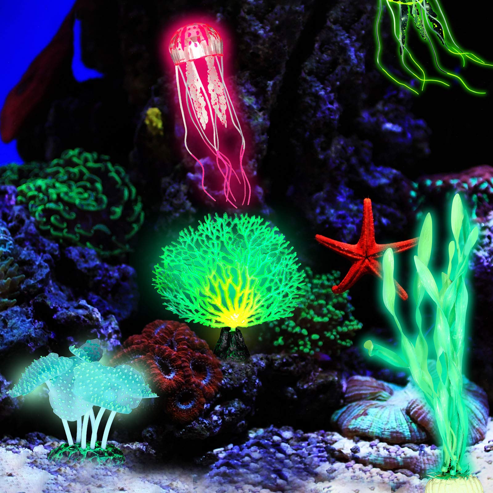 Frienda 8 Pieces Glowing Fish Tank Decorations Plants with 2 Style Glowing Kelp, Sea Anemone, Simulation Coral, Jellyfish, Lotus