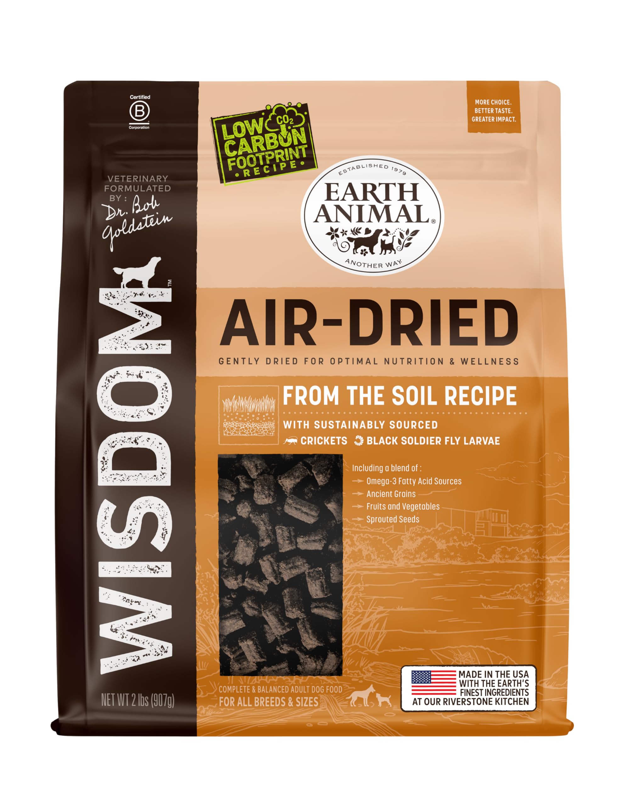Earth Animal Wisdom Air Dried Dog Food - From the Soil Recipe Premium Natural Dry Dog Food for All Adult Breeds - 2 Lbs Bag