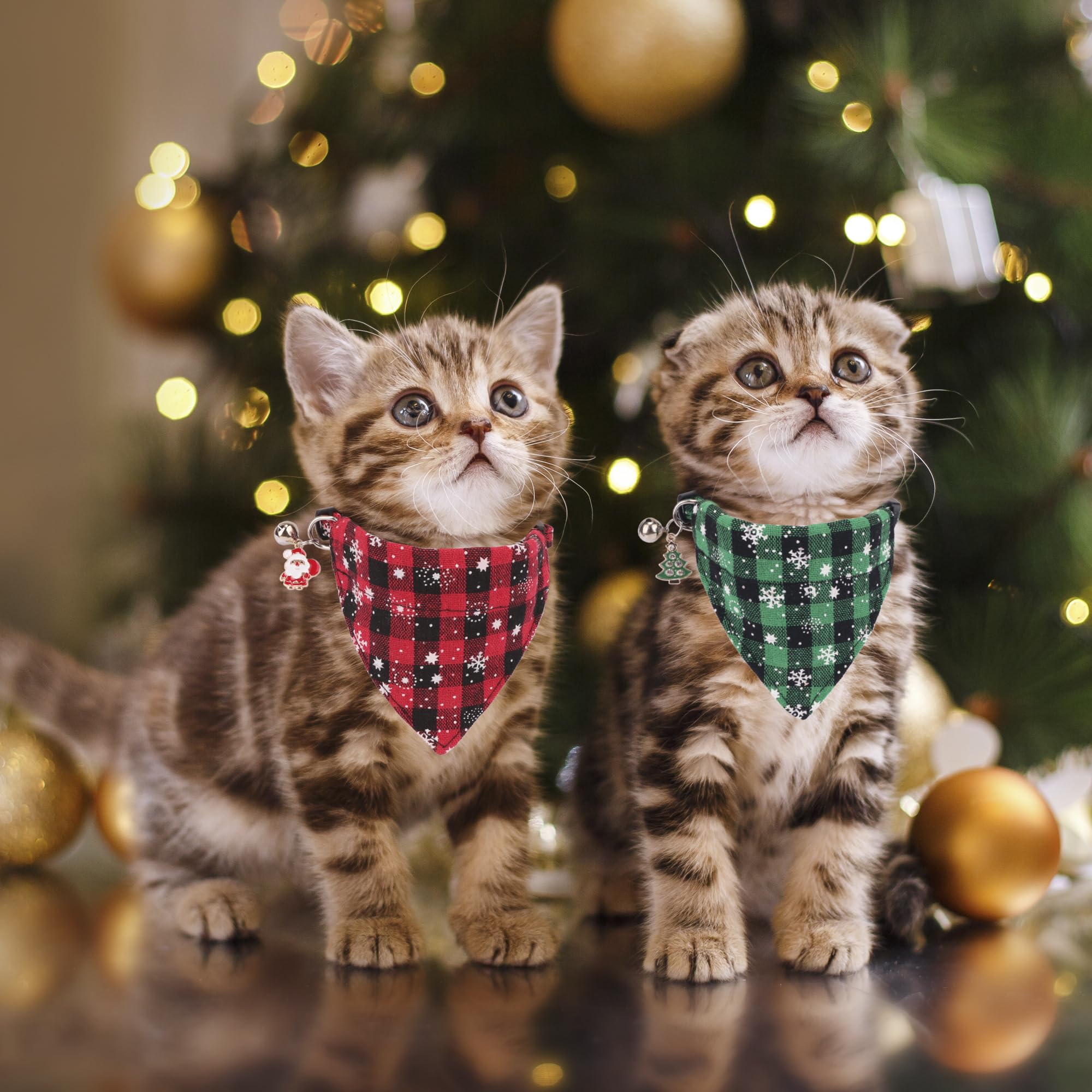 Adoggygo Christmas Cat Collars Breakaway With Bell, 2 Pack Adjustable Cat Collar With Removable Bandana, Red Green Plaid Snowflake Cat Bandana Collar For Kittens Cats (7.5'- 10.5', Scarf)