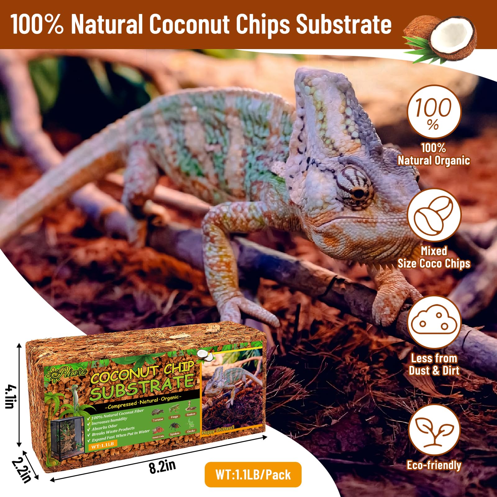 Riare 6 Pack Natural Coconut Chip Substrate for Reptiles- Compressed Coconut Husk Reptiles Bedding, Coco Husk Chip Terrarium Sub