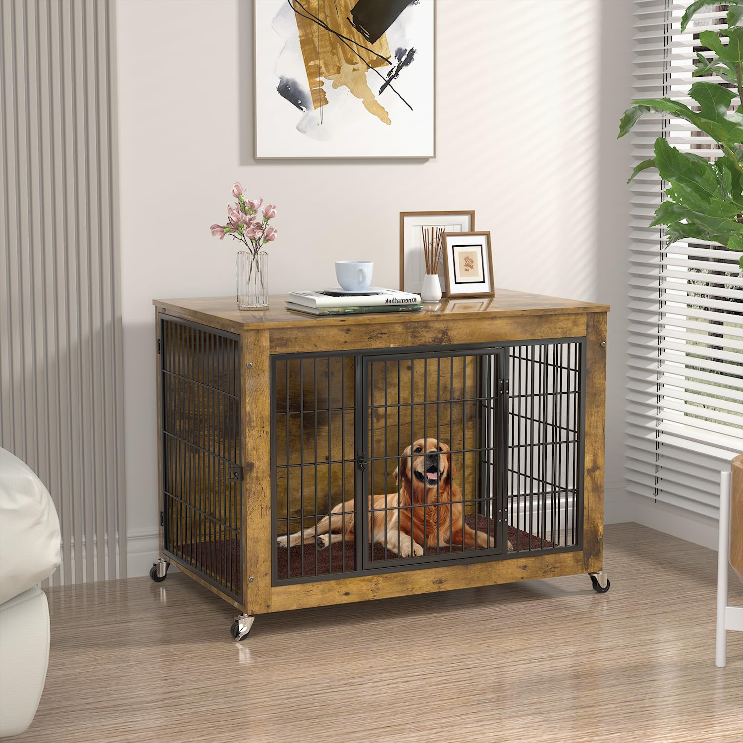 PRETZI Dog Crate Furniture with Cushion,38  Wooden Dog Crate nightstand with Double Doors, Brown Kennel Indoor with Wheels, Deco