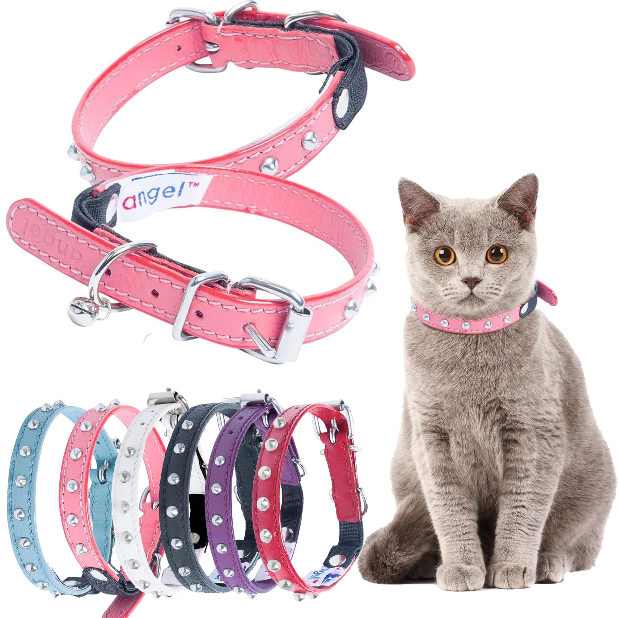 Studded Cat Collar, Genuine Leather Kitten Collar, Sturdy Breakaway Cat Collar with Bell and Elastic Stretch, Cat Accessories, B