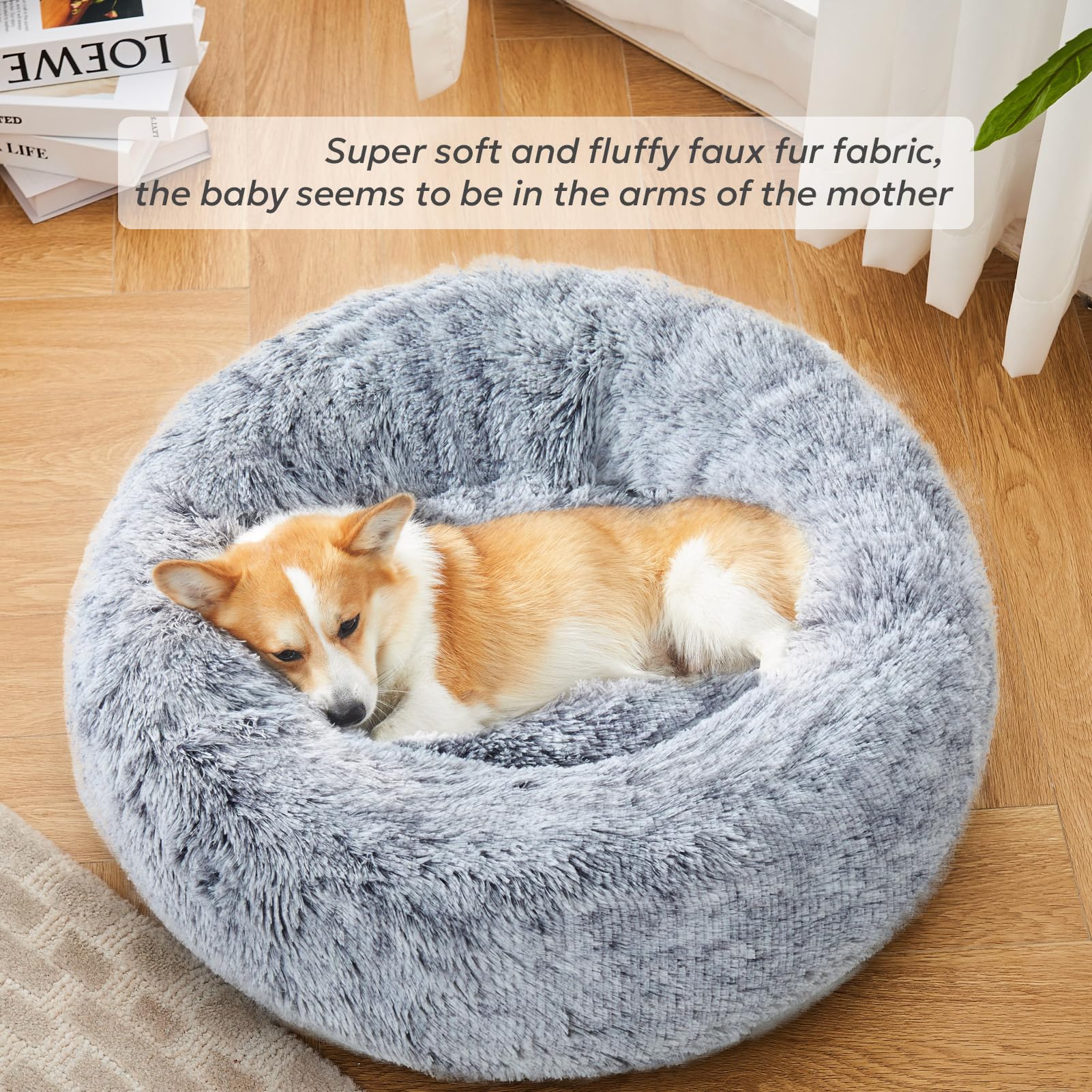 Olaphum Calming Dog Bed For Medium Size Dogs, Anti-Anxiety Donut Medium Pet Bed Washable, Anti-Slip Round Fluffy Plush Faux Fur