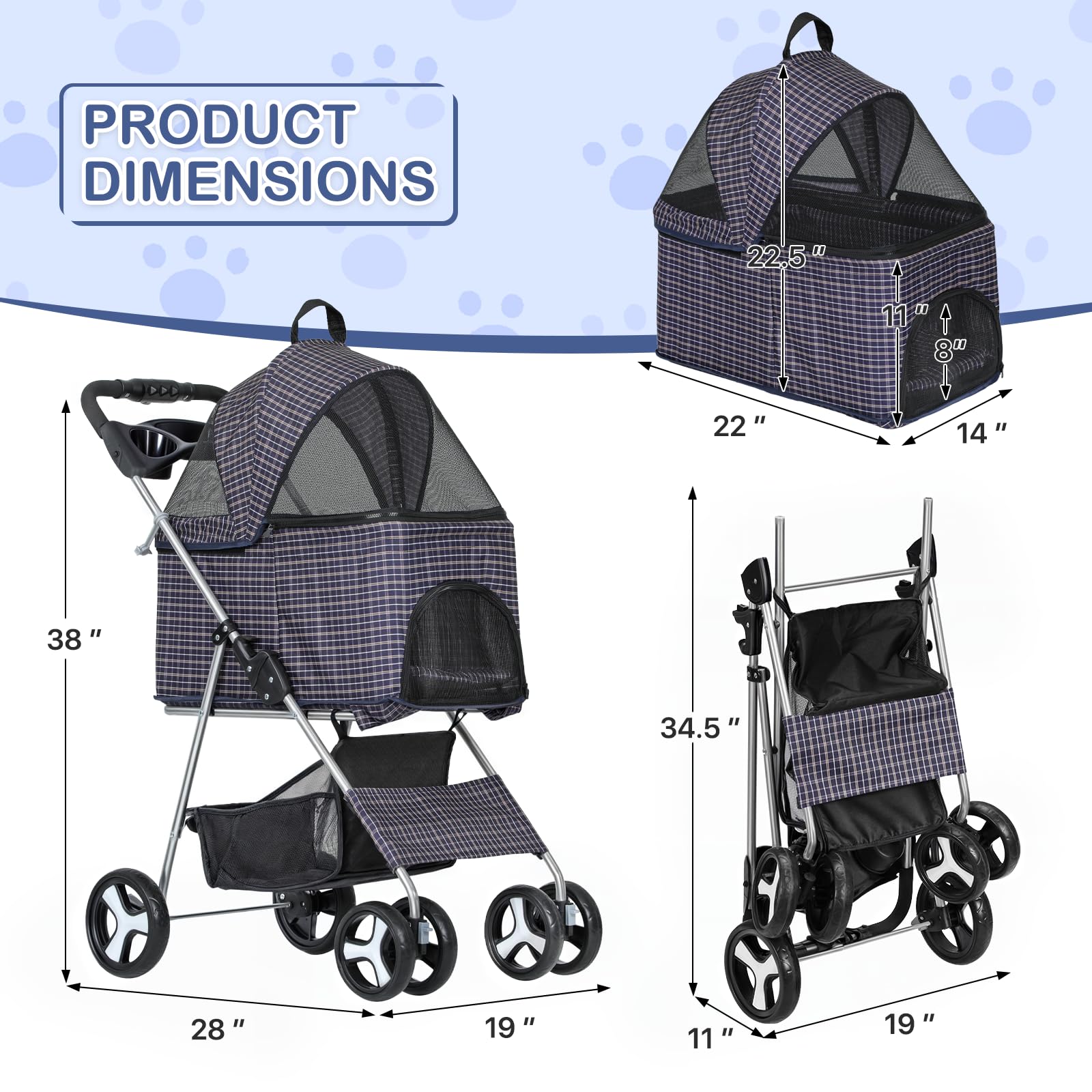 Monibloom 3 In 1 Foldable Pet Stroller For Small & Medium Dogs, Detachable Carrier, Car Seat, Push Button Entry, 4-Wheel Jogger