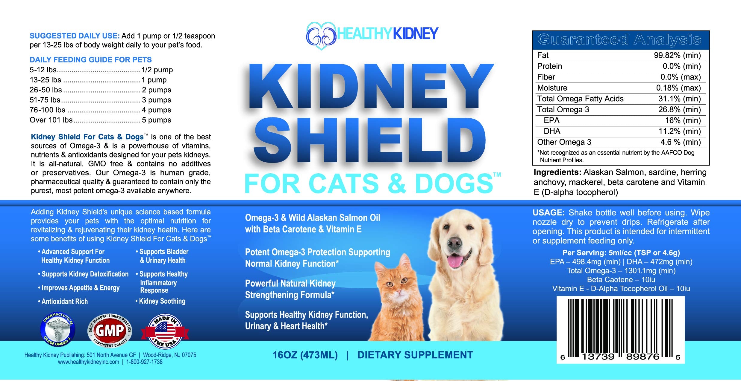 Dog and Cat Kidney Support, Canine Feline Renal Health Support Supplement For Normal Kidney Function, Creatinine, Detox, Urinary