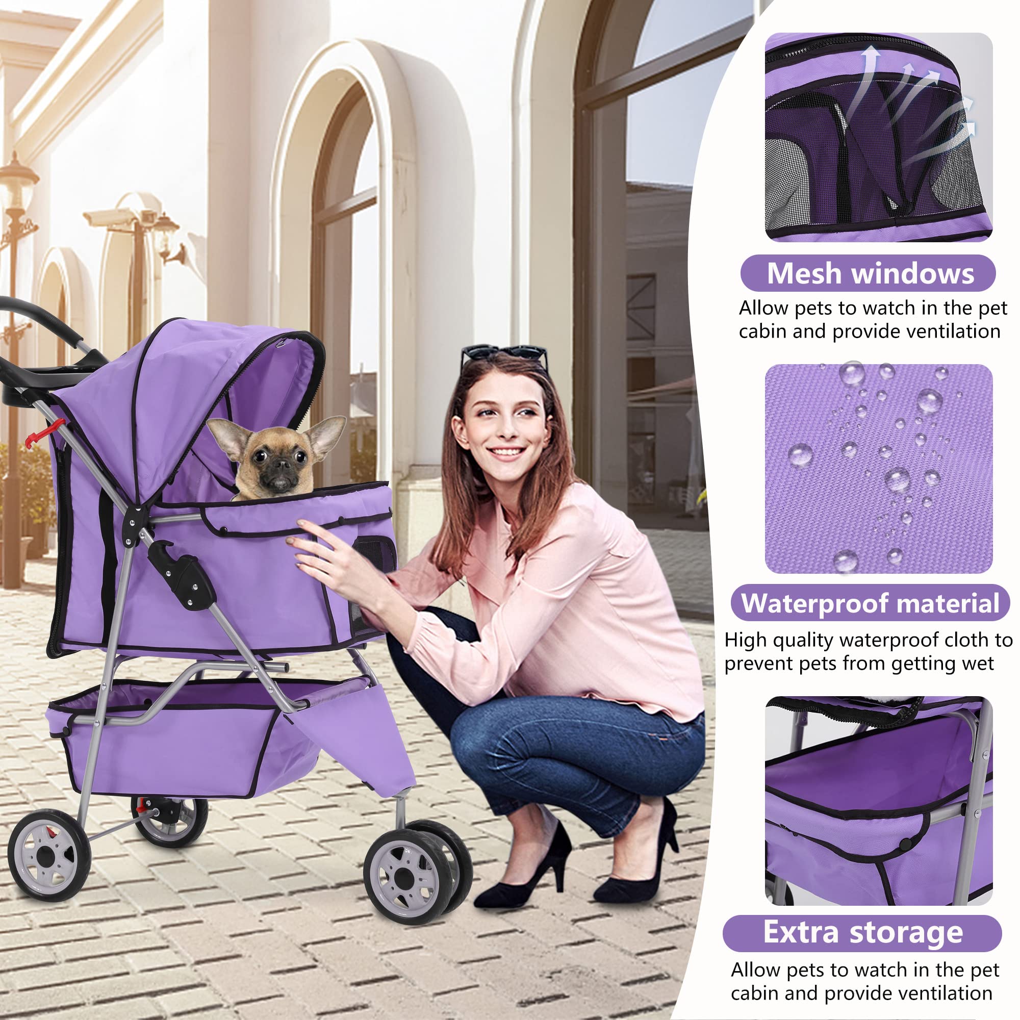 Dog Stroller,Travel Folding Pet Stroller for Small Medium Dog Cat Jogger Stroller with Storage Basket Removable Cup Holders (Pur