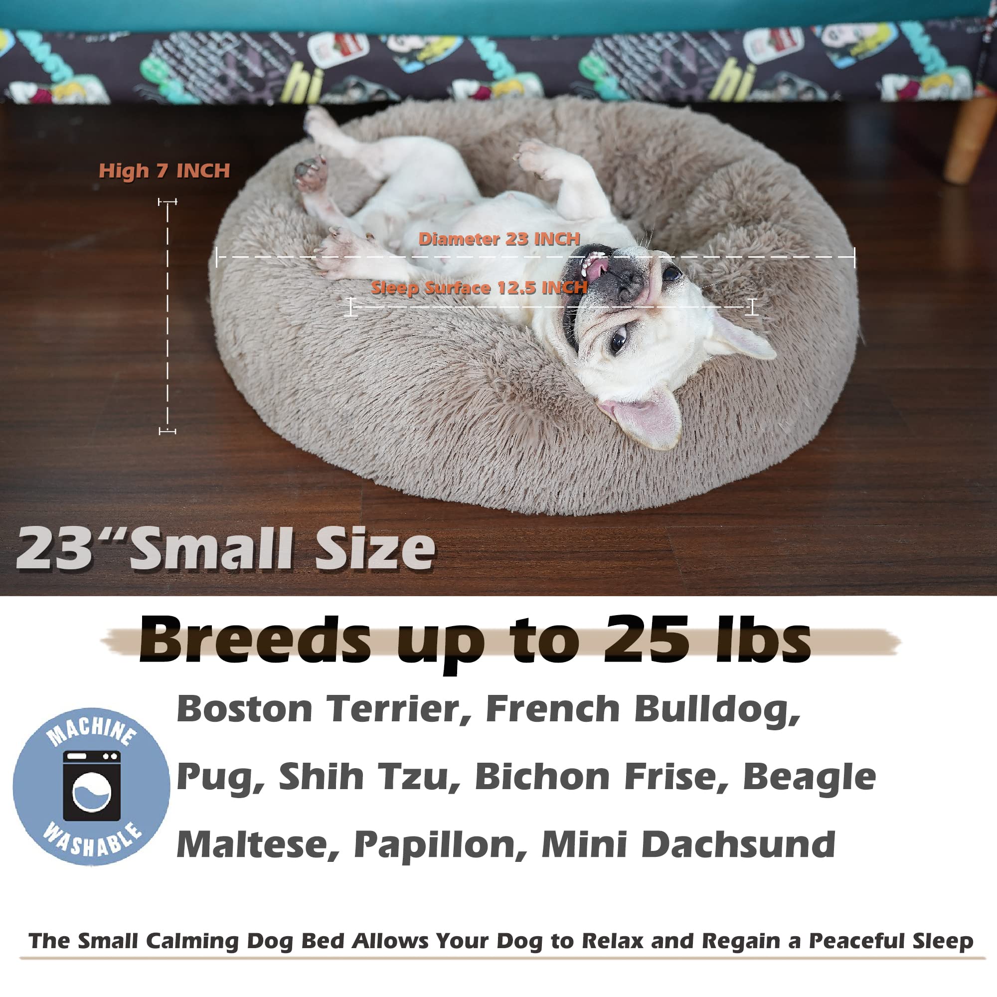 Nononfish Puppy Beds For Small Dogs Washable - 23 Inches Round Faux Fur Pet Bed For Puppy And Cat Donut Fluffy Plush Orthopedic