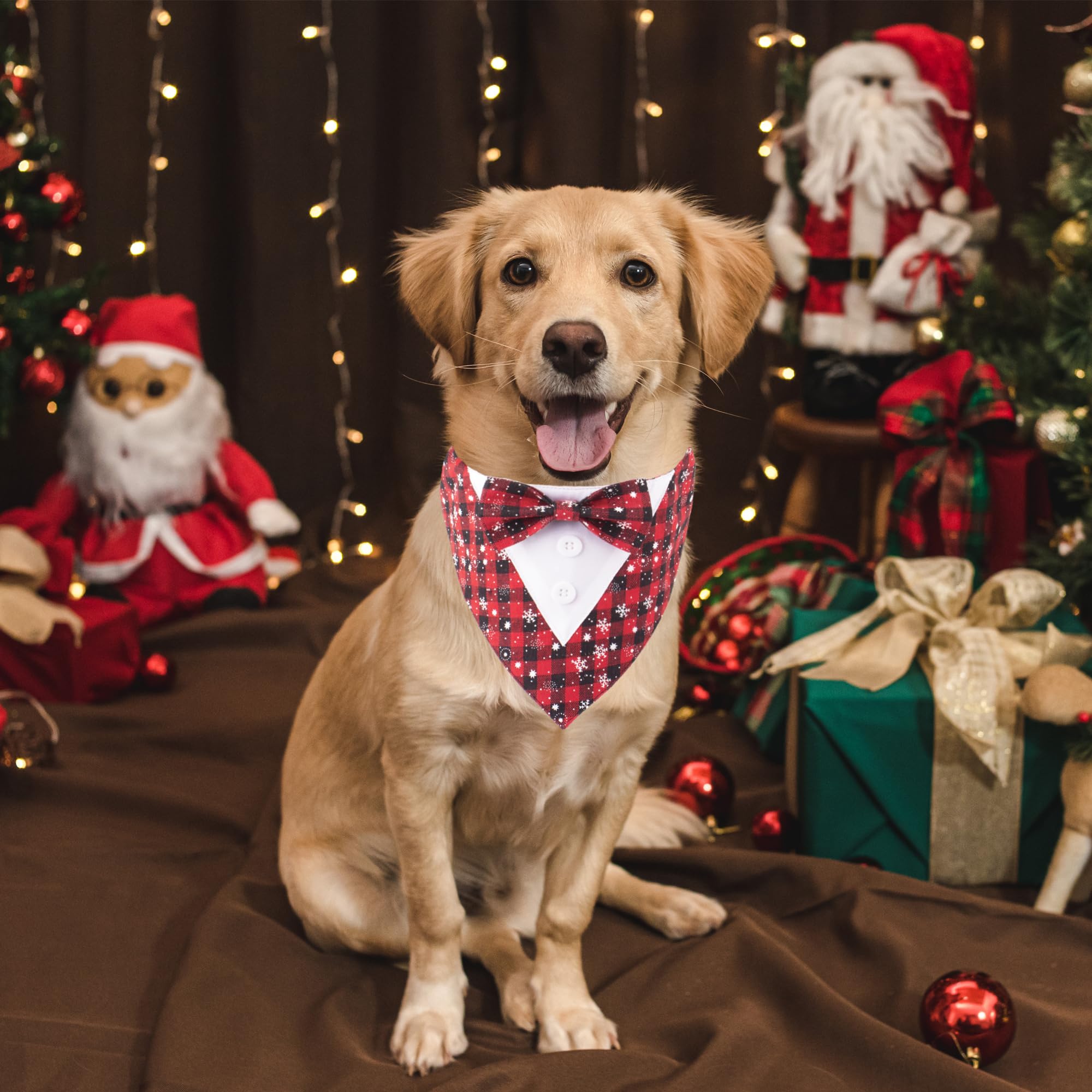 Adoggygo Christmas Dog Tuxedo Bandana, Red Plaid Pet Chritstmas Tux With Bowtie Adjustable Christmas Formal Costume For Medium L