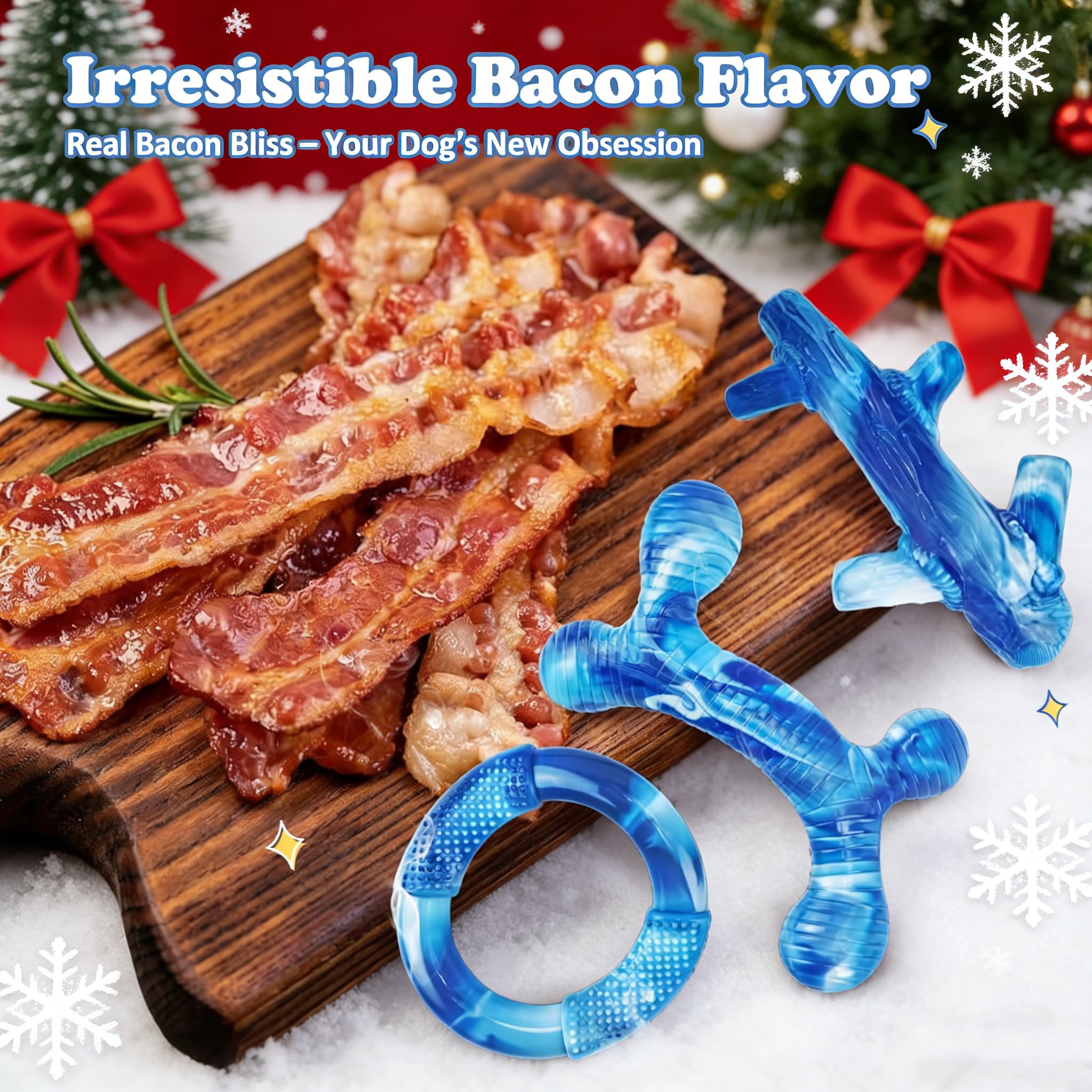 Furdog Dog Chew Toys for Aggressive Chewers - Tough Nylon Bacon Flavor - 3-Pack - Blue - Ideal for Large, Medium, Small Breeds