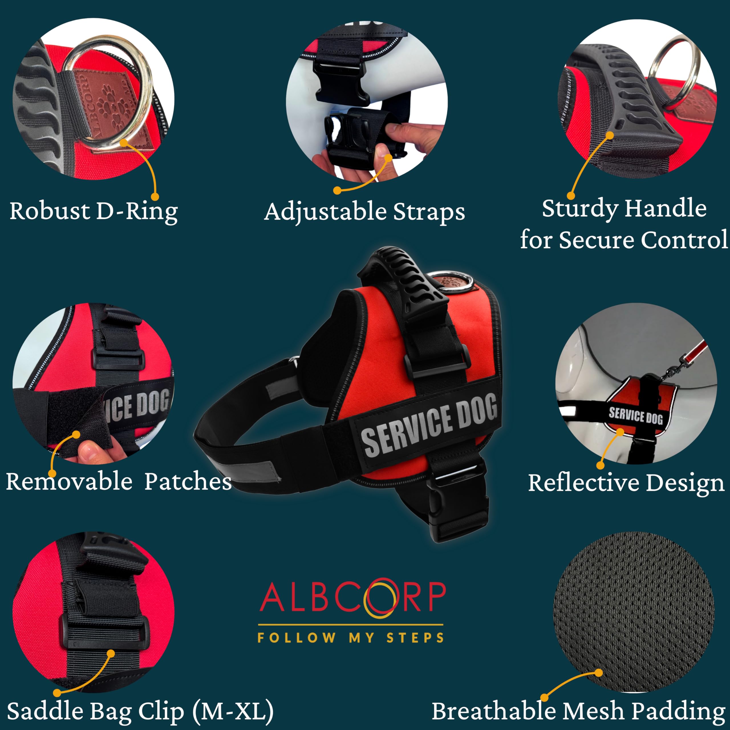 Albcorp Reflective Therapy Dog Vest Harness, Woven Nylon, Adjustable Service Animal Jacket, With 2 Hook And Loop Therapy Dog Rem