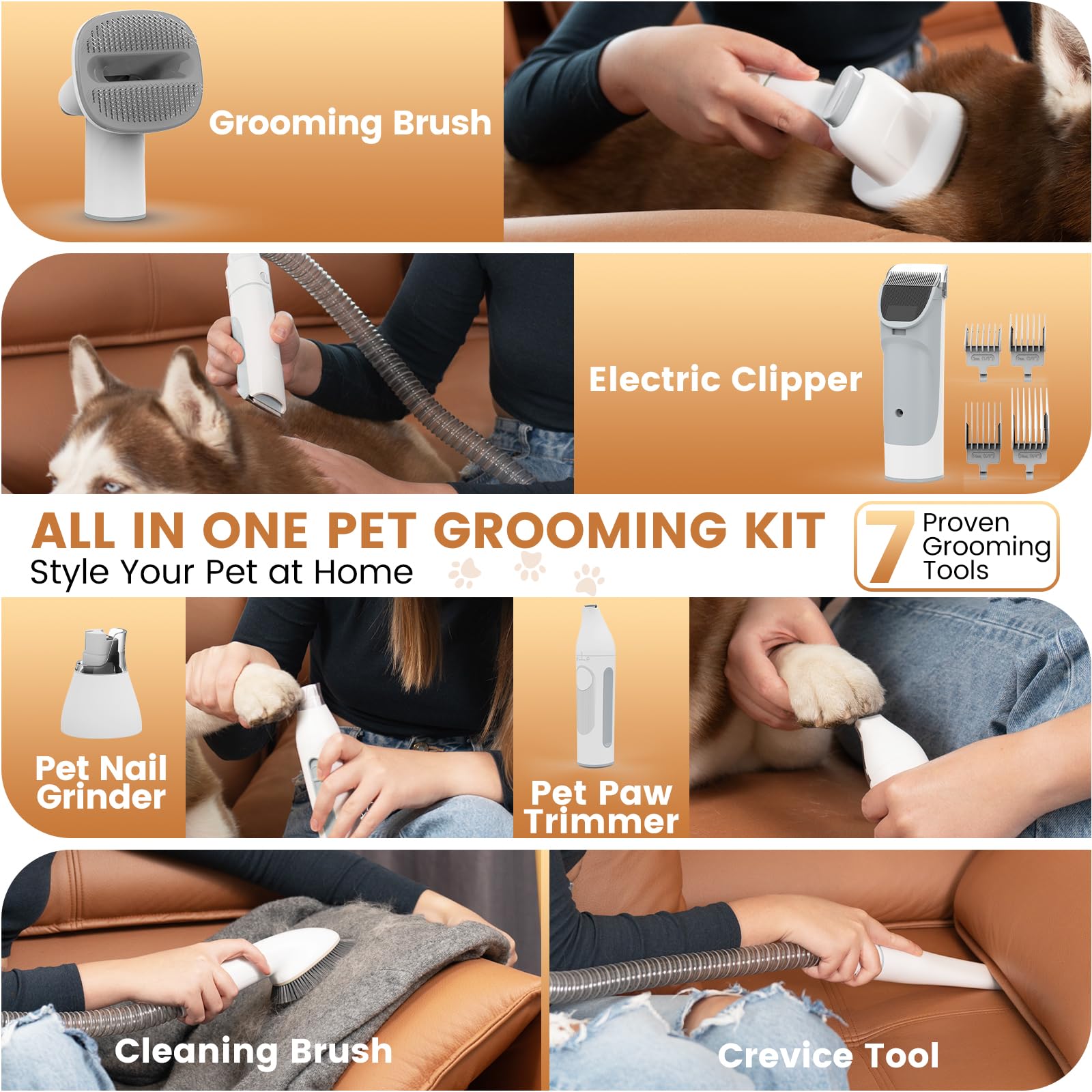 Dog Grooming Vacuum, Pet Grooming Kit, Dog Clipper Nail Trimmer Grinder, 2.5L Dust Cup 7 Grooming Tools 11000Pa Dog Vacuum For S