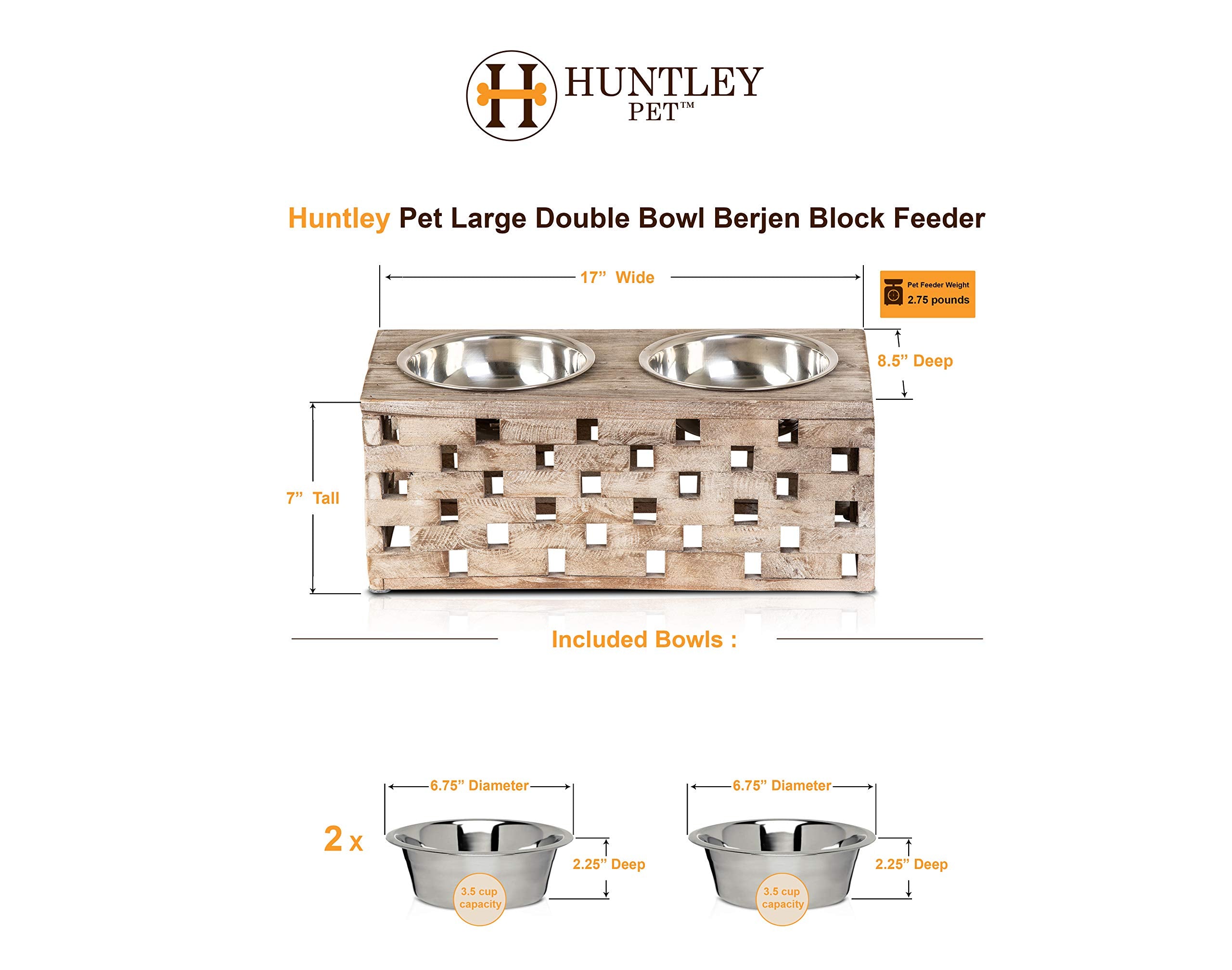 Huntley Pet Elevated Dog & Cat Double Bowl Feeder Stainless Steel Bowls (Berjen Block, Large)