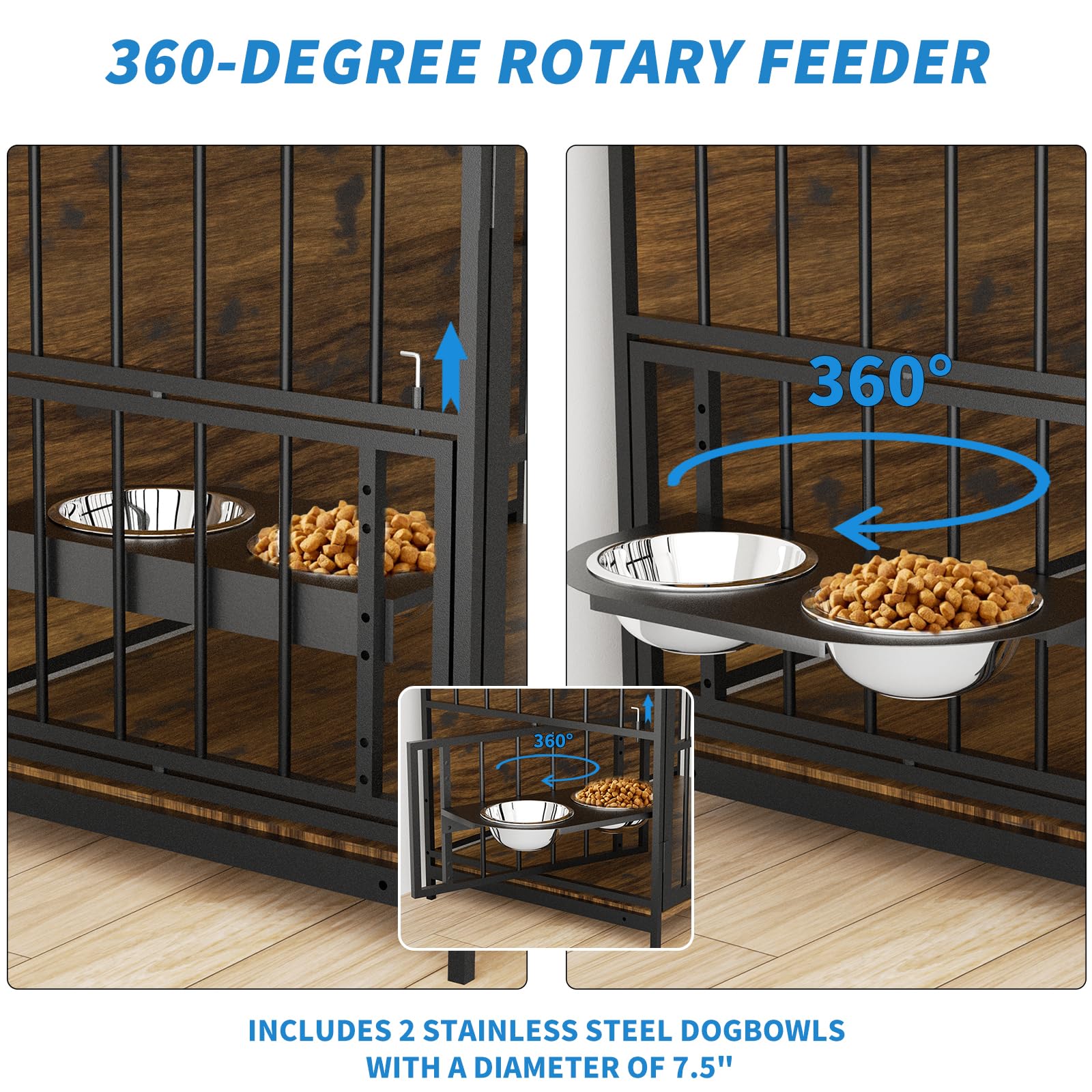 LOVMOR Dog Cage Furniture with Rotating Feeder Bowls, Dog Kennel Indoor with Cushion, Dog Crates for Large Dogs, 48 L X 30 W 43
