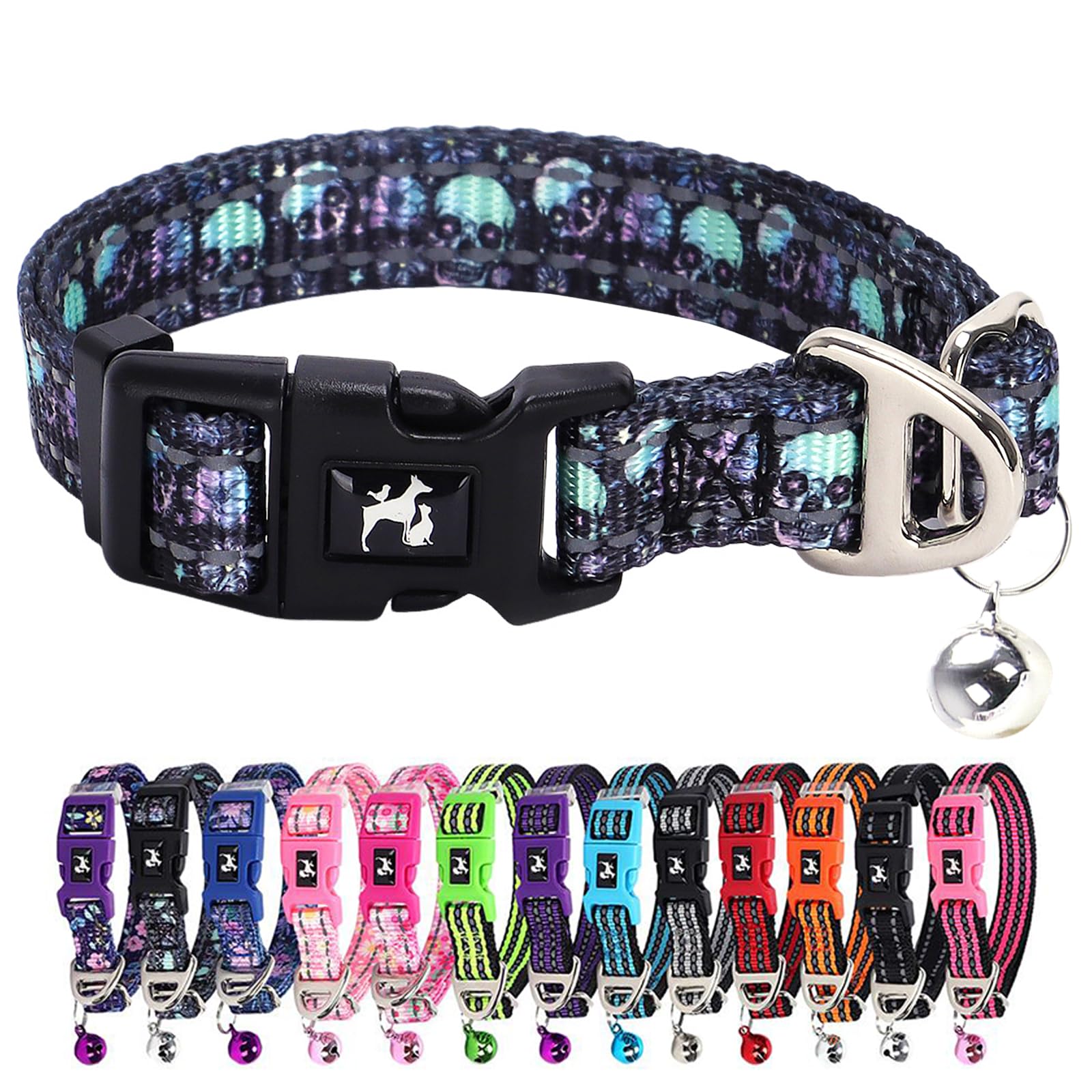 Small Dog Collar With Bell - Soft Adjustable Nylon Collar For Small Breeds, Skull Pattern Reflective Collar For Chihuahua Pomera