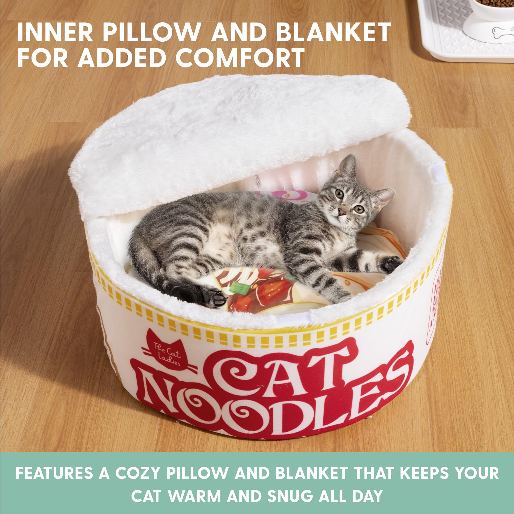 Cat Ladies Ramen Cat Bed - Cozy 5-Piece Soft Nest Set With Blanket Pillows And Teaser Toy - Compact Noodle Bowl-Themed Pet Beds